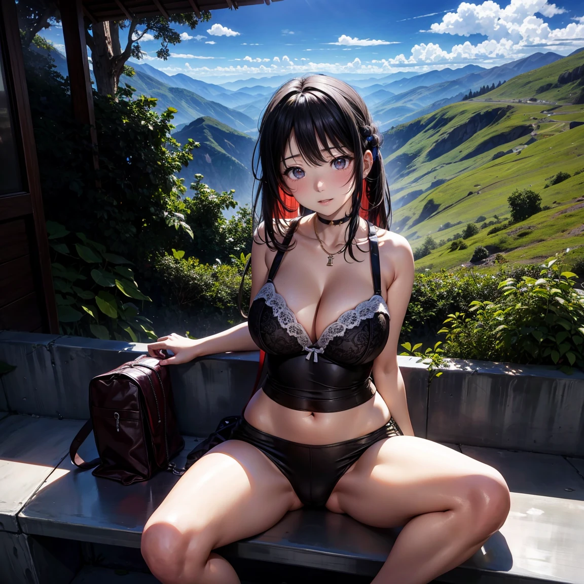 Three cute high school girls,Beautiful eyes,Talking while raising her upper body clothes and showing her bra、Background with,NOWAI,Summer Mountain, A panoramic view, view