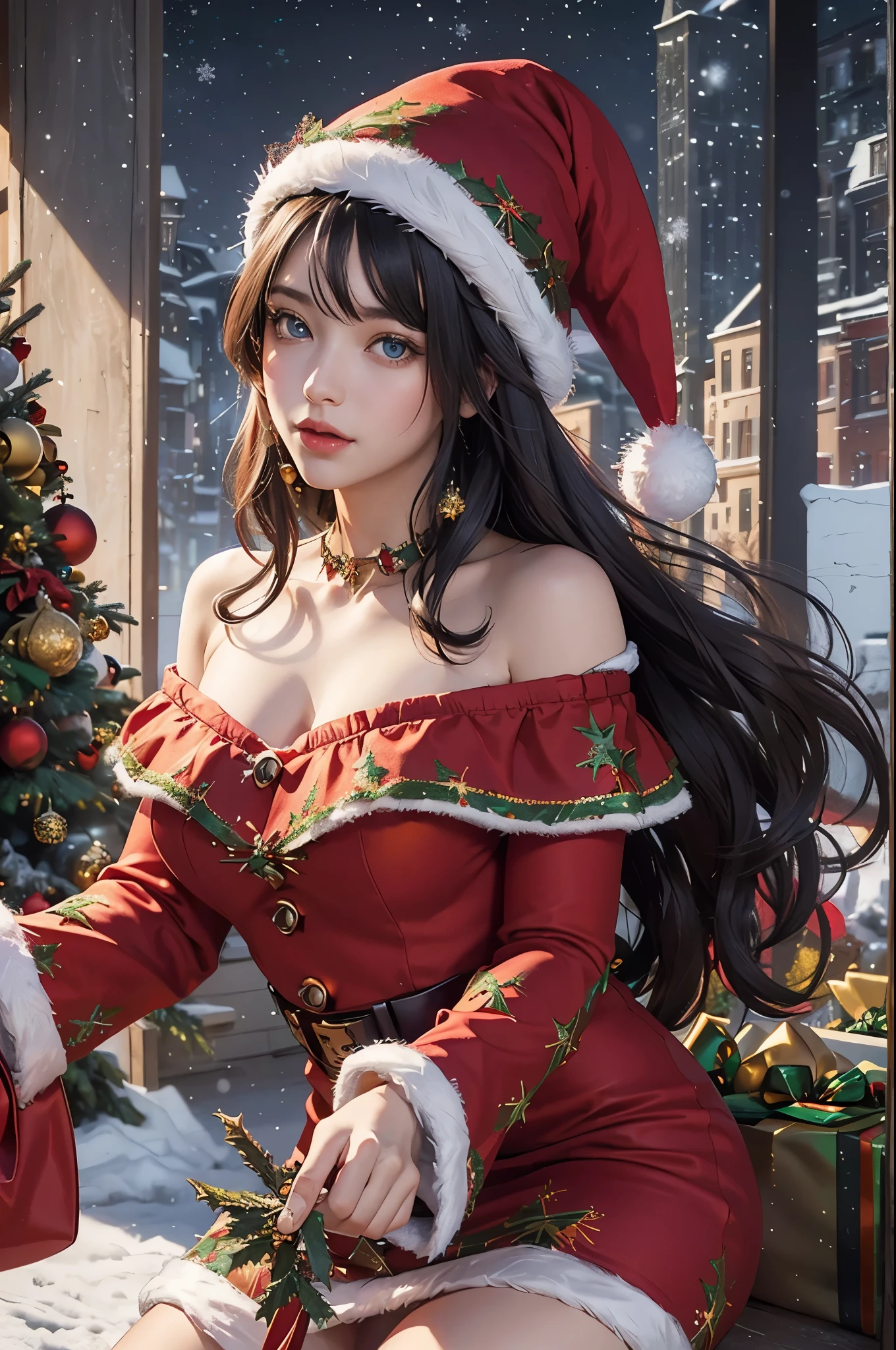 (Best quality at best, tmasterpiece, It's a perfect face, Beautiful and beautiful:1.2, Colorful, dynamic angle, The most detailed face),(Christmas hat，Red Christmas off-the-shoulder dress:1.5), Outdoor sports, (gear wheel:1.4, curio:1.2), 1 Sister,japanaese girl, long hair with bangs, black hair color hair, hair between eye, eBlue eyes, disproportionately,, ( Christmas Punk Underwear, Christmas decorations, ),(offcial art, The content is very detailed, The most detailed),