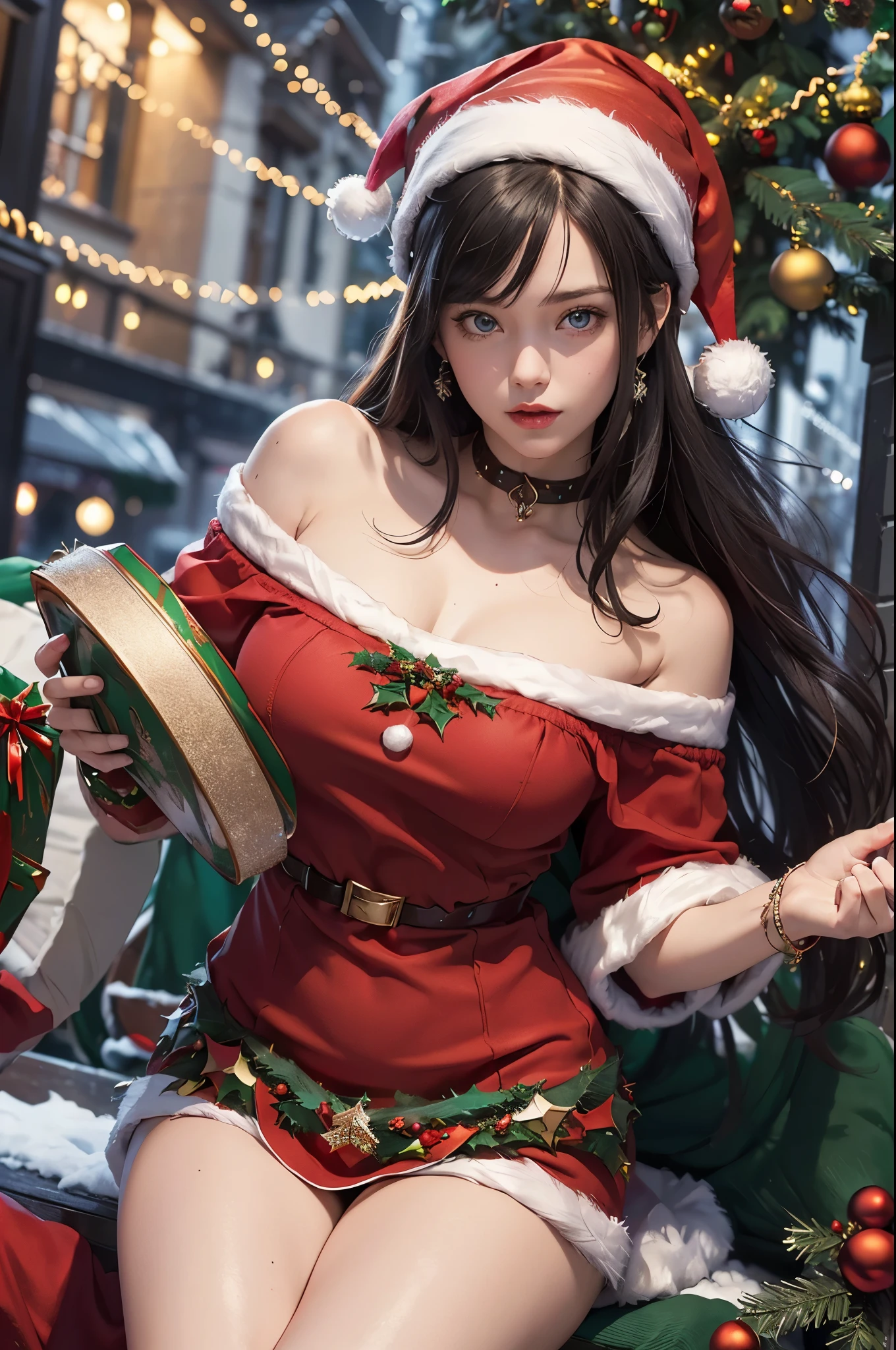 (Best quality at best, tmasterpiece, It's a perfect face, Beautiful and beautiful:1.2, Colorful, dynamic angle, The most detailed face),(Christmas hat，Red Christmas off-the-shoulder dress:1.5), Outdoor sports, (gear wheel:1.4, curio:1.2), 1 Sister,japanaese girl, long hair with bangs, black hair color hair, hair between eye, eBlue eyes, disproportionately,, ( Christmas Punk Underwear, Christmas decorations, ),(offcial art, The content is very detailed, The most detailed),