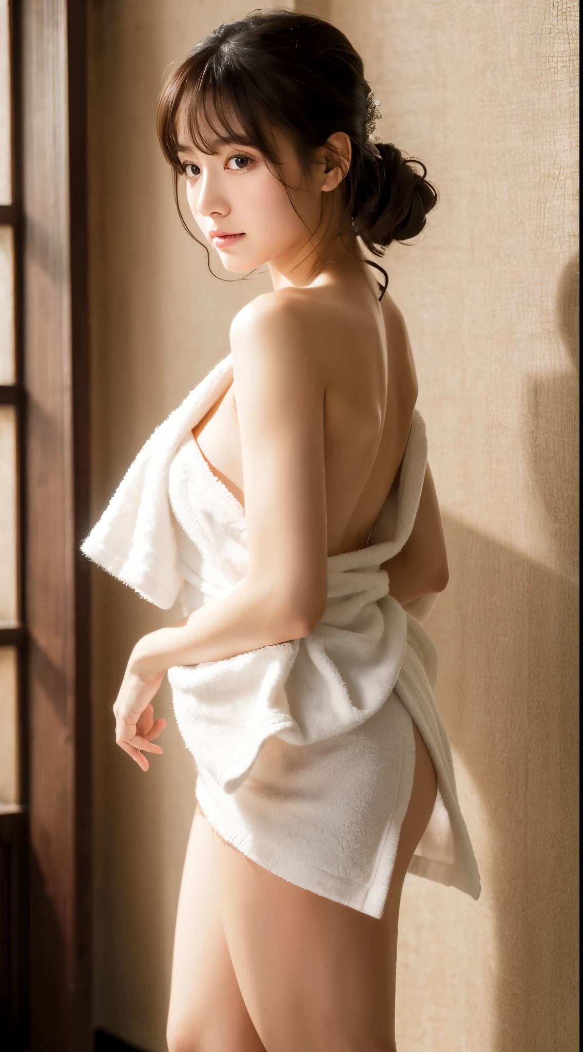 ulzzang -6500-v1.1, (Raw photo:1.2), (Photorealsitic), beautiful detailed women, (Real: 1.4), ighly detailedな目と顔, Beautifully detailed ID towel , Woman wrapped in towel:1.2)), Standing in the bathroom、Hold your chest with your hands、game_nffsw, huge filesize, hight resolution, ighly detailed, top-quality, [​masterpiece:1.6], illustratio, ighly detailed, nffsw, finely detail, top-quality, 8k wallpaper, Cinematographic lighting, 1womanl, 23years old, perfect body type, cute droopy eyes beautiful big eyes、Pieckfinger, ((masutepiece)), Best Quality, 1womanl, eye shadow,  Idol makeup、Portrait, ((FULL BODYSHOT:1.4))、(Expression of shame:1.2)、realistic skin textures、shinny skin、Exposed thighs!!! NSFW、