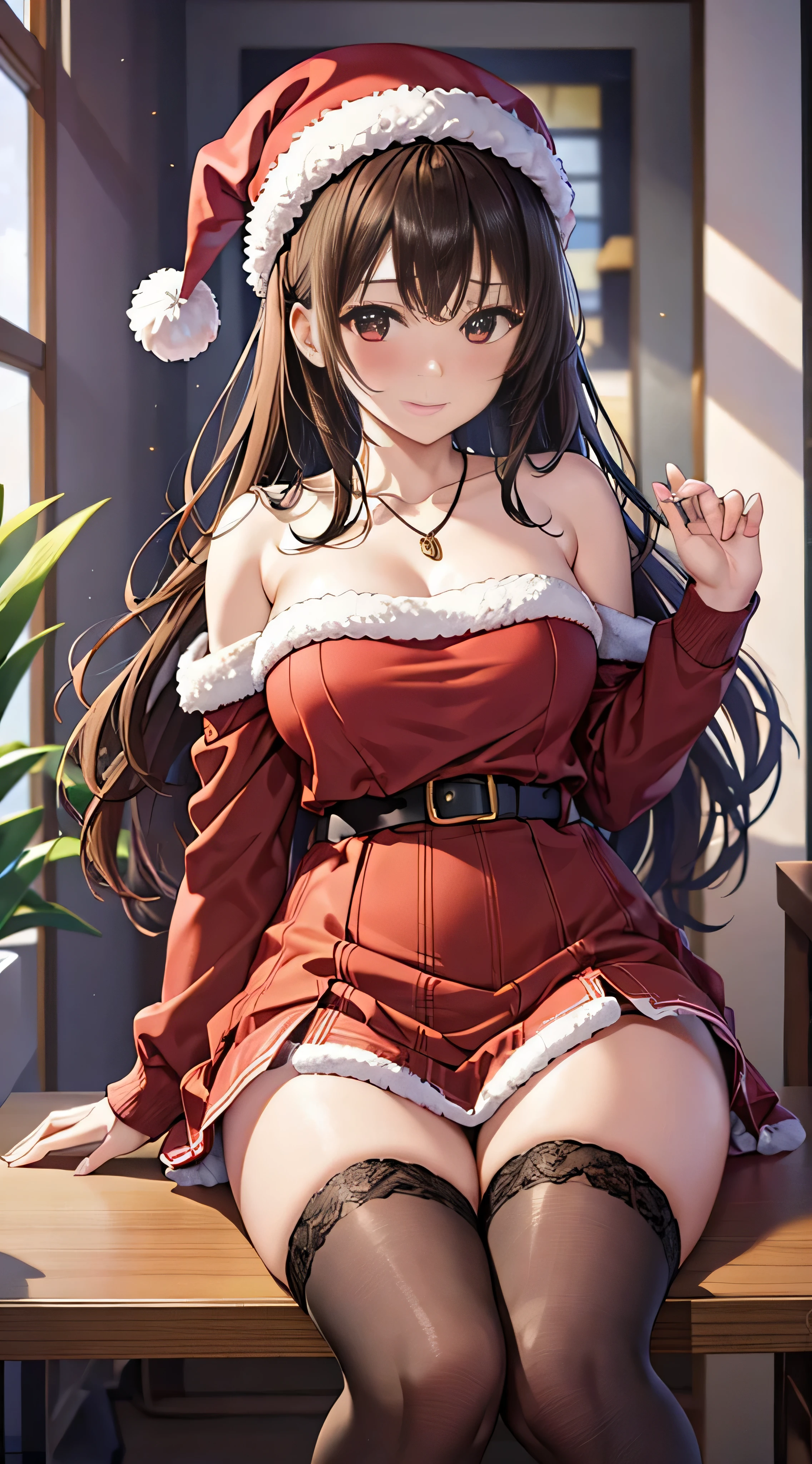 ((masutepiece, Best Quality, hight resolution, nffsw, Perfect Pixel, 4K, nffsw, nffsw))), 1girl in, Single, Solo, Beautie、full body seen、 ((Medium length wavy hair, Bangs, Brown hair)), ((Brown-eyed, Beautiful eyelashes, Realistic eyes)), ((Detailed face, Blushing:1.2)), ((Smooth texture:0.75, Realistic texture:0.65, Photorealistic:1.1, Anime CG style)), medium breasts, Dynamic Angle, Perfect body, ((Santa Claus Costume、 red and white knit hat、Red off-the-shoulder sweater、red and white long flared skirt、 Black stockings、high-heels)), Kamimei、a necklace、耳环、Classrooms without people、Sit on a desk、Lower'I took my foot off the desk.......................................、early evening、、、Very embarrassing panic smile、(((Lift the skirt with your right hand、rubbing the chest with the left hand、Open both legs、Open your knees wide)))、(Pink floral lace panties)、、、Angle from below