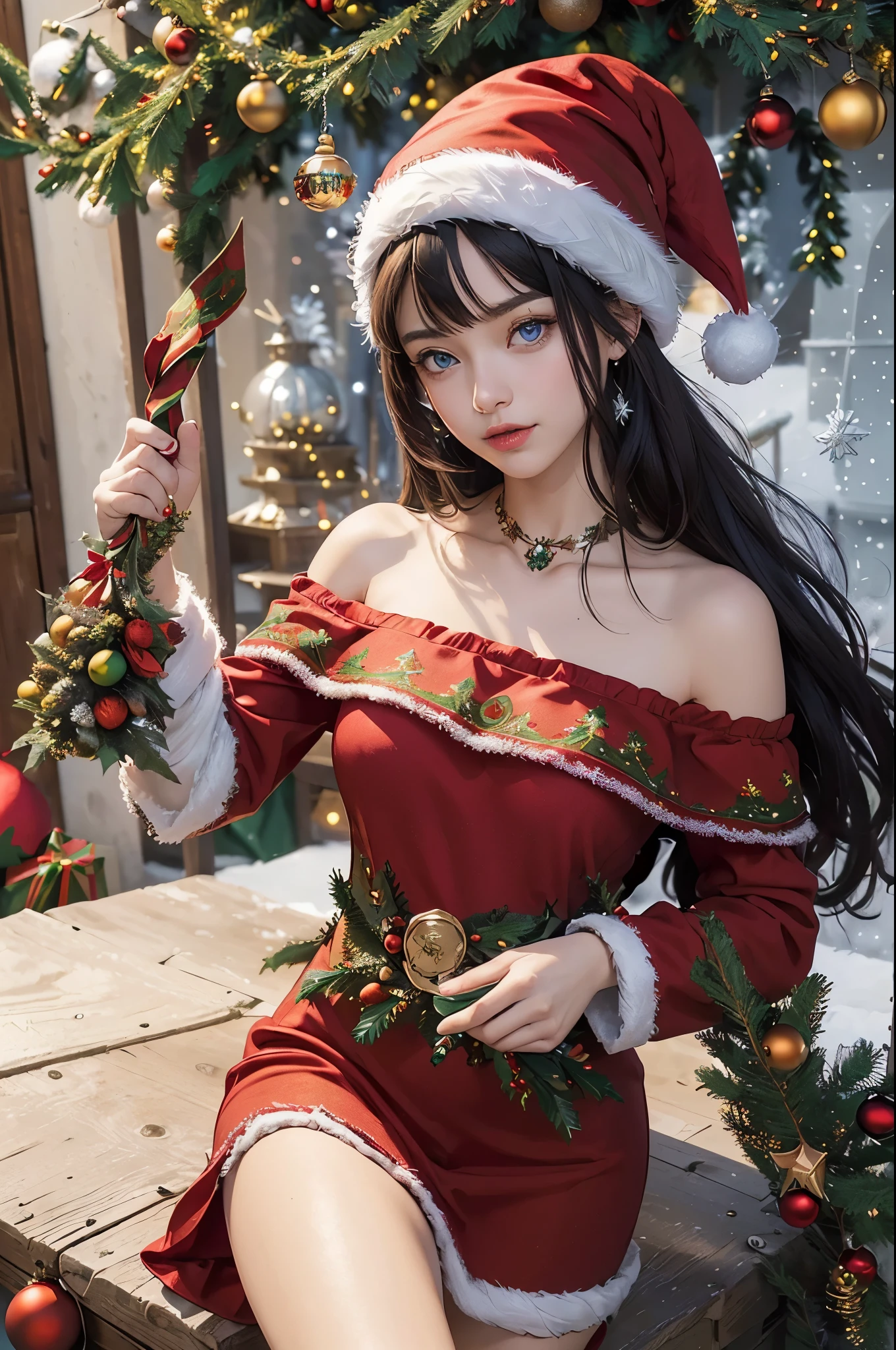 (Best quality at best, tmasterpiece, It's a perfect face, Beautiful and beautiful:1.2, Colorful, dynamic angle, The most detailed face),(Christmas hat,Red Christmas off-the-shoulder dress:1.5), Outdoor sports, (gear wheel:1.4, curio:1.2), 1 Sister,japanaese girl, long hair with bangs, black hair color hair, hair between eye, eBlue eyes, disproportionately,, ( Christmas Punk Underwear, Christmas decorations, ),(offcial art, The content is very detailed, The most detailed),