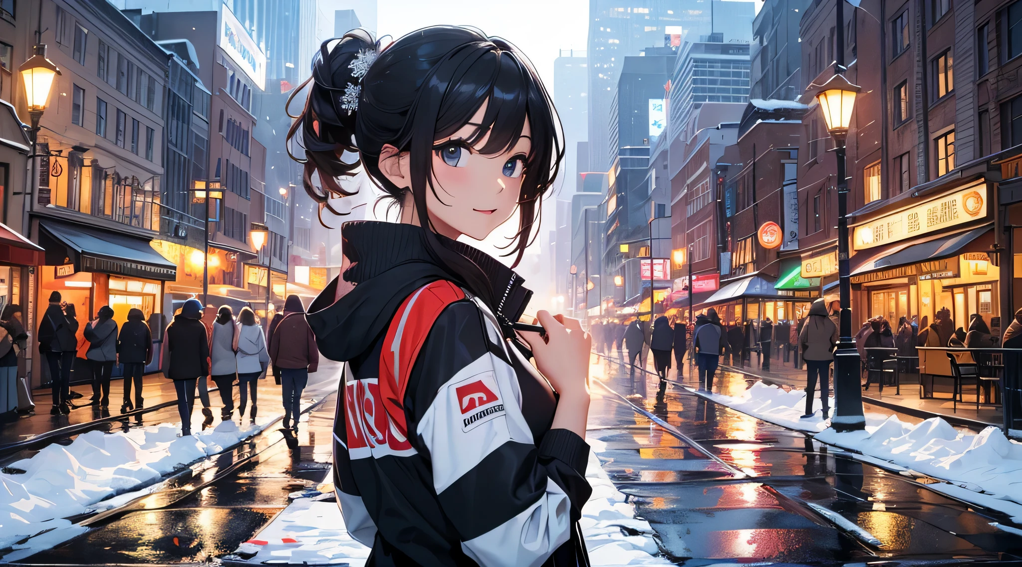 top-quality、Top image quality、​masterpiece、Teenage girl((cute black costume、18year old、 Ager、Best Bust、big bast,Black eyes, Black hair、poneyTail、A slender,Large valleys、Laugh、catch someone&#39;s hand)),hiquality、Beautiful Art、Background with((An amusement park、In front of the hotel、nighttime scene、snow blowing、Oyuki、snowflakes falling))​masterpiece、depth of fields,Cinematic style