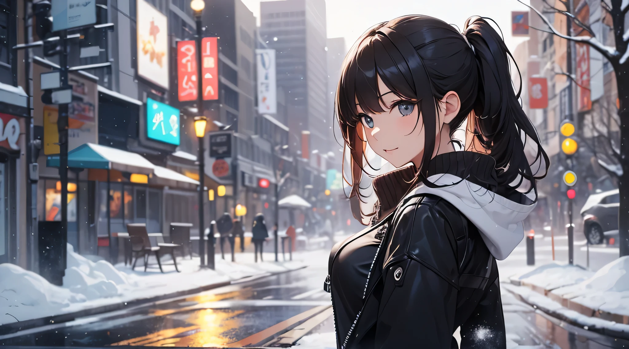 top-quality、Top image quality、masterpiece、Teenage girl((cute black costume、18year old、 Ager、Best Bust、big bast,Black eyes, Black hair、poneyTail、A slender,Large valleys、Laugh、catch someone's hand)),hiquality、Beautiful Art、Background with((An amusement park、In front of the hotel、nighttime scene、snow blowing、Oyuki、snowflakes falling))masterpiece、depth of fields,Cinematic style