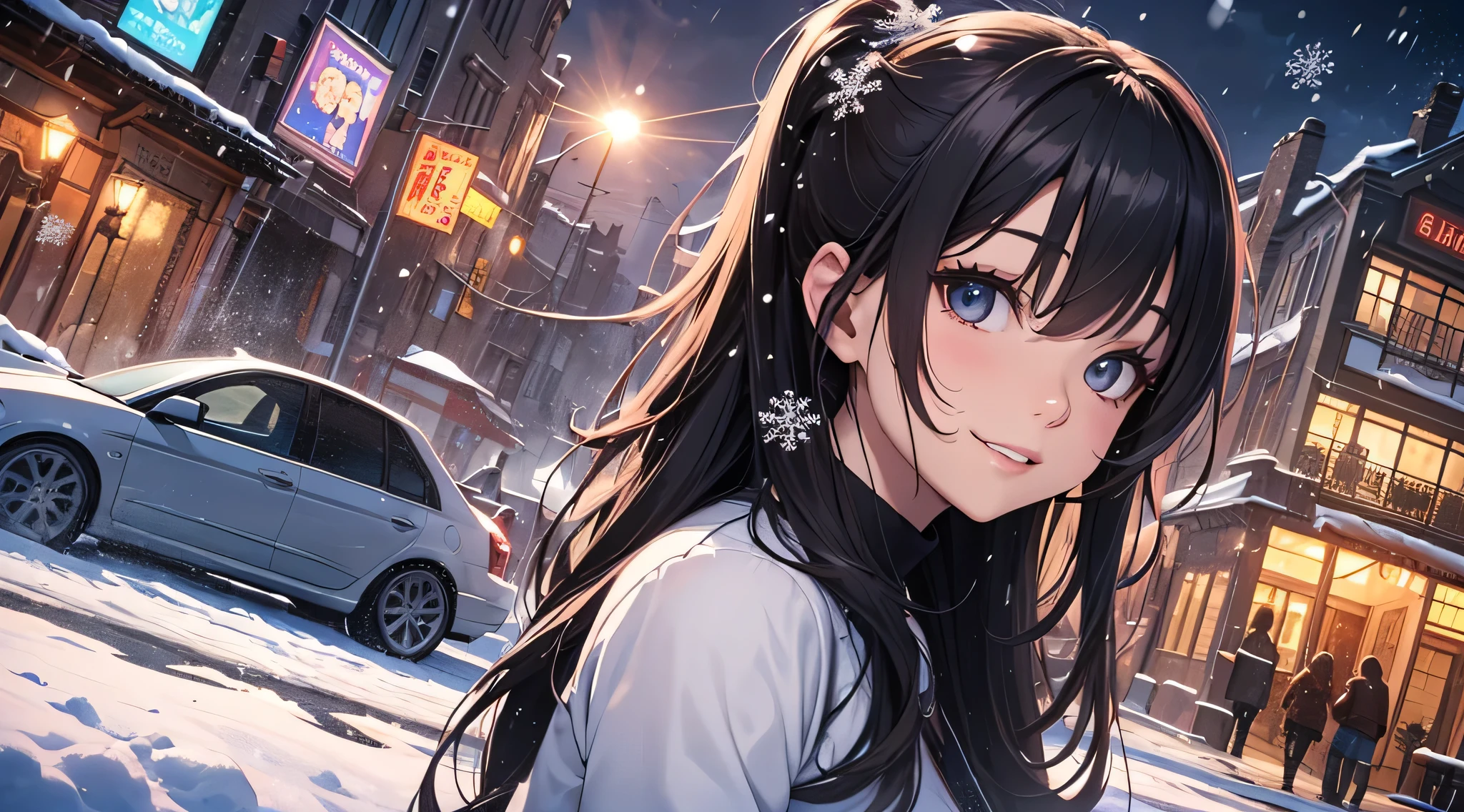 top-quality、Top image quality、masterpiece、 girl((cute black costume、18year old、 Ager、Best Bust、big bast,Black eyes, Black hair、poneyTail、A slender,Large valleys、Laugh、catch someone's hand)),hiquality、Beautiful Art、Background with((An amusement park、In front of the hotel、nighttime scene、snow blowing、Oyuki、snowflakes falling))masterpiece、depth of fields,Cinematic style