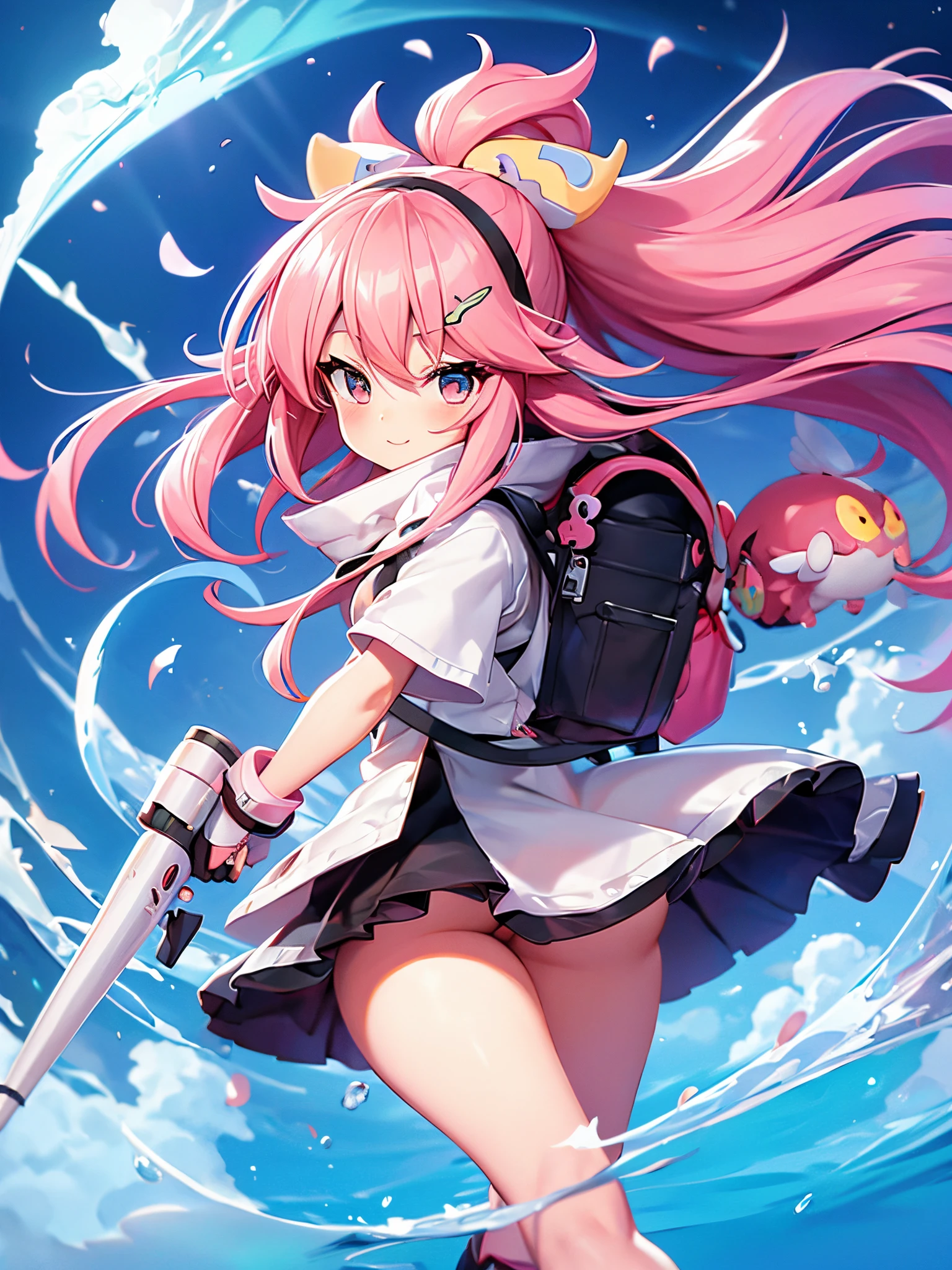 A girl with pink hair and black boots stands in front of a white background。,{{1人}},The hair clip is a big gear, Floating in the sky,anime goddess, pink twintail hair and cyan eyes, humanoid pink female squid girl, Madoka Kaname, anime moe art style, best anime character design, anime monster girl, High quality anime art style, Anime girl named Lucy, art of kirokaze pixel