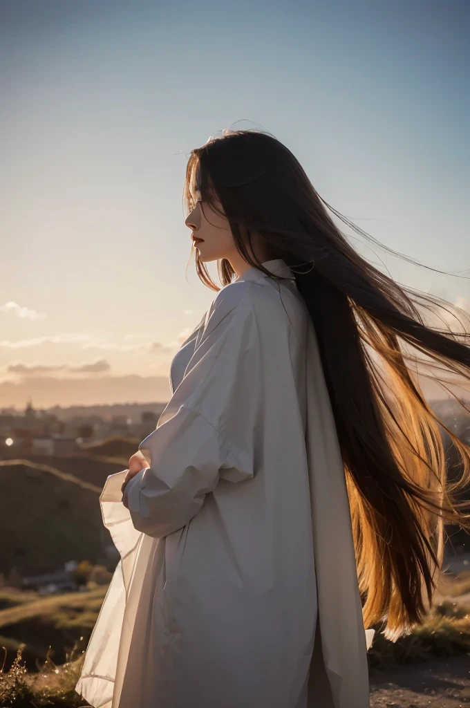 Painting images,girl,standing in the wind,long, floated hair,Looking into the distance with melancholy eyes,white backgrounid