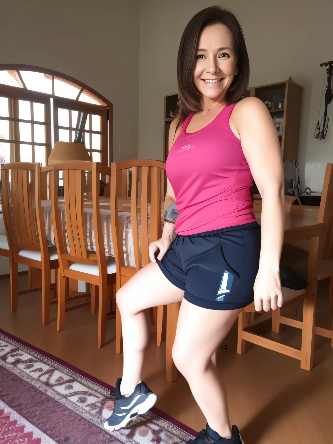 woman in a pink shirt and black shorts standing on a wooden floor, tiro na perna e no quadril, foto fit, pose lateral, de bermuda, tiro lateral, sport bra and dark blue shorts, mulher curta robusta, tiro do meio cintura para cima, wearing black shorts, usando equipamento de fitness, vestindo shorts vermelhos, cintura - tiro, retrato lateral, Pose completa, metade feito, 4 5 I