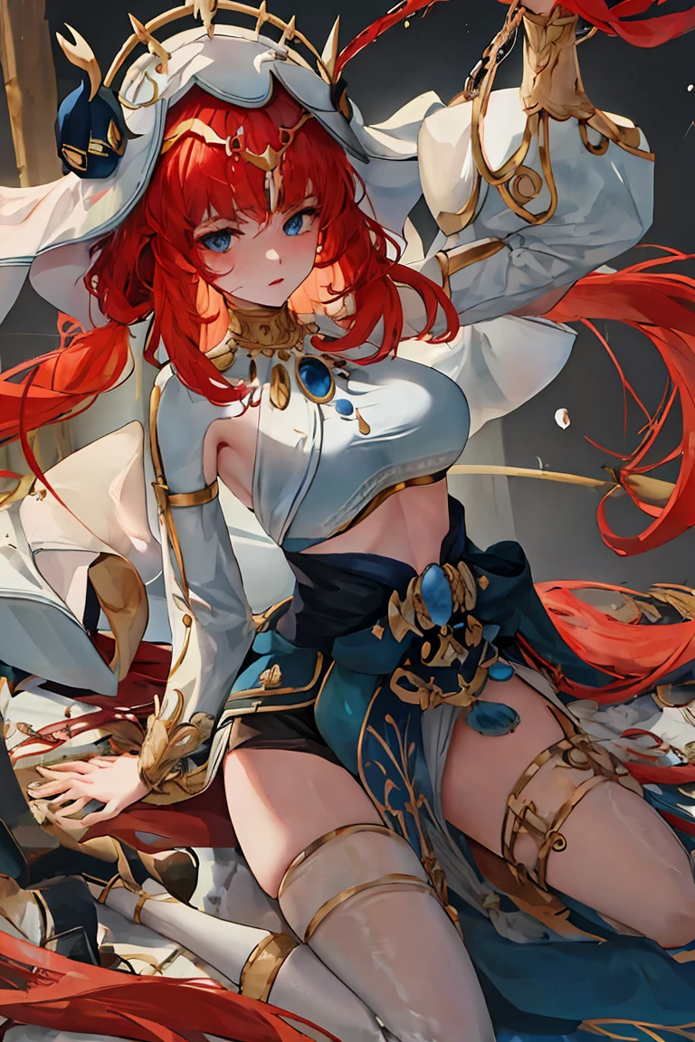  genshin_impact nilou_(genshin_impact) absurdres bad_id bad_twitter_id highres 1girl armlet bikini blush bracer breasts brooch cameltoe detached_sleeves fake_horns green_eyes hair_ornament horns jewelry knee_up leg_lift leg_up long_hair long_sleeves looking_at_viewer low_twintails medium_breasts navel neck_ring nipples open_mouth puffy_long_sleeves puffy_sleeves red_hair sidelocks solo stomach sweat swimsuit thighlet thighs topless twintails veil white_bikini