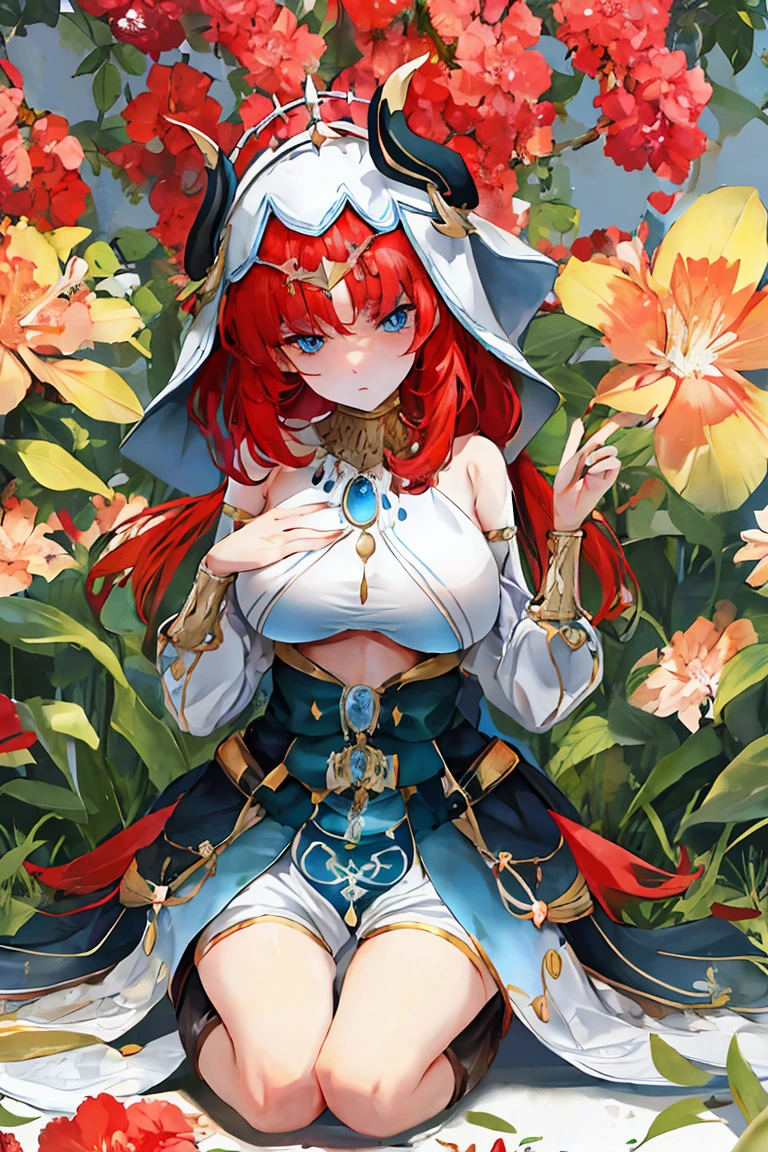 kneels on the ground,Eyes empty and dull,humongous large breast,Bareleged,service,redheadwear,eBlue eyes