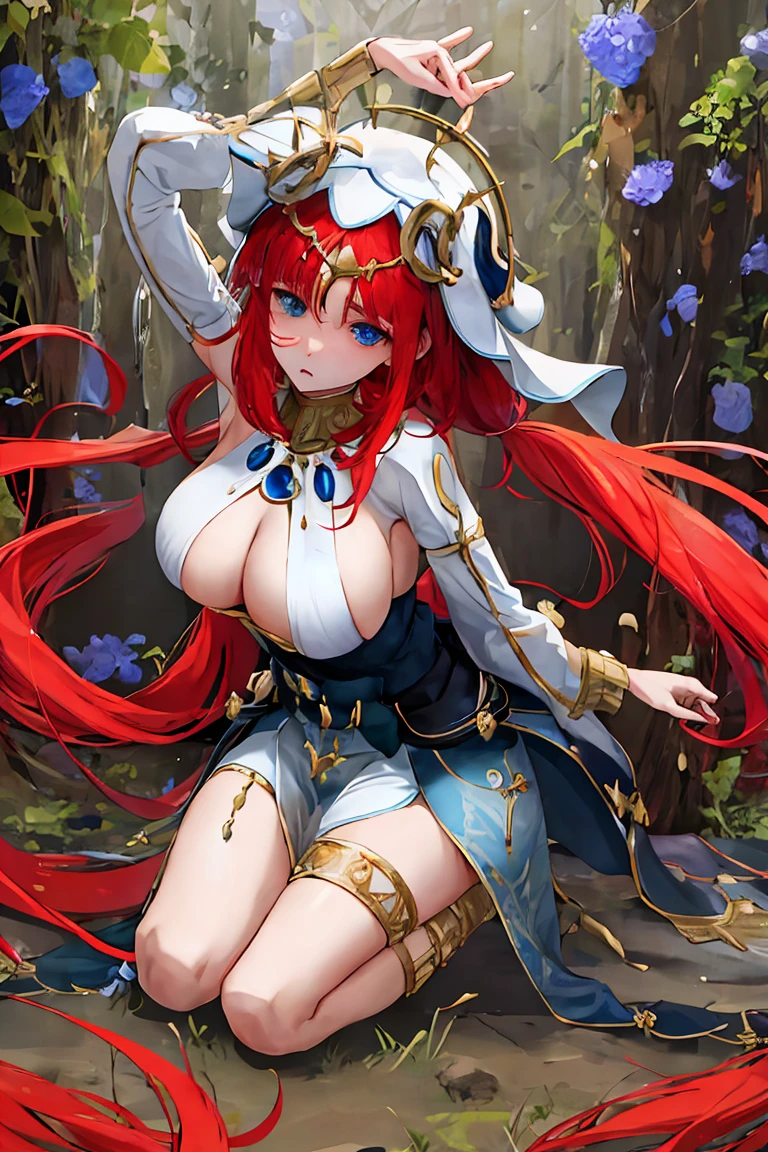 kneels on the ground,Eyes empty and dull,humongous large breast,Bareleged,service,redheadwear,eBlue eyes