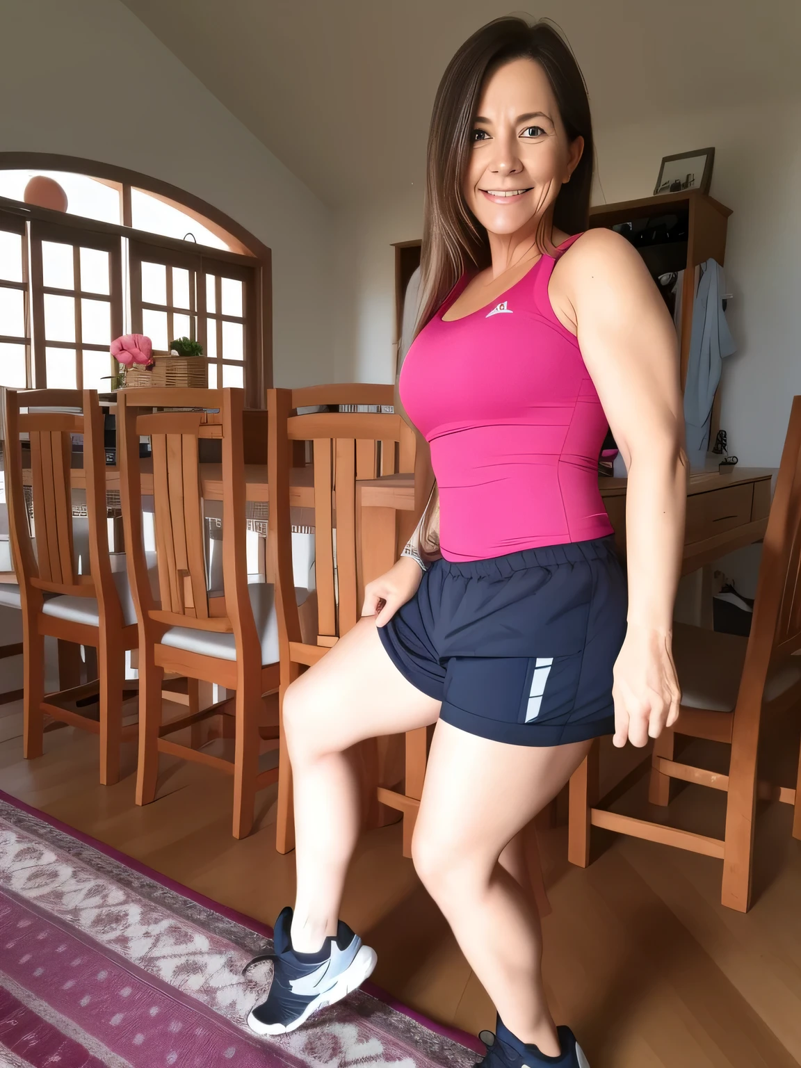 woman in a pink shirt and black shorts standing on a wooden floor, tiro na perna e no quadril, foto fit, pose lateral, de bermuda, tiro lateral, sport bra and dark blue shorts, mulher curta robusta, tiro do meio cintura para cima, wearing black shorts, usando equipamento de fitness, vestindo shorts vermelhos, cintura - tiro, retrato lateral, Pose completa, metade feito, 4 5 I