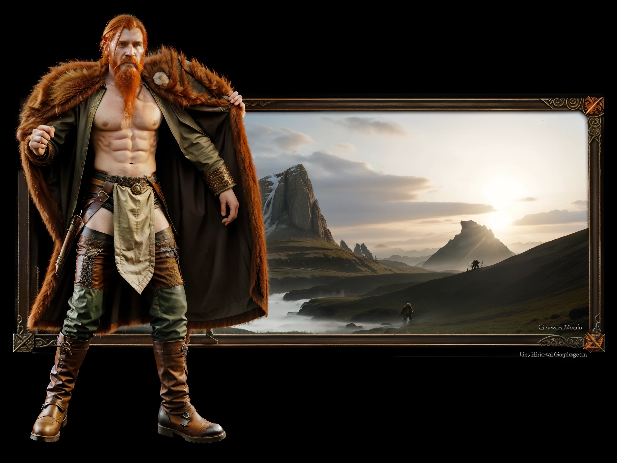 a close up of a person in a medieval druid shirt, diablo 2 character, picture of an male male druid, ((short ginger hair)), Viking male with shirt on torso, Gilgamesh, fantasy character, he has goat man legs, wearing cloth shirt, wearing leather pants, wearing fur boots, complex fantasy character, dungeons and dragons character, barbarian pelt