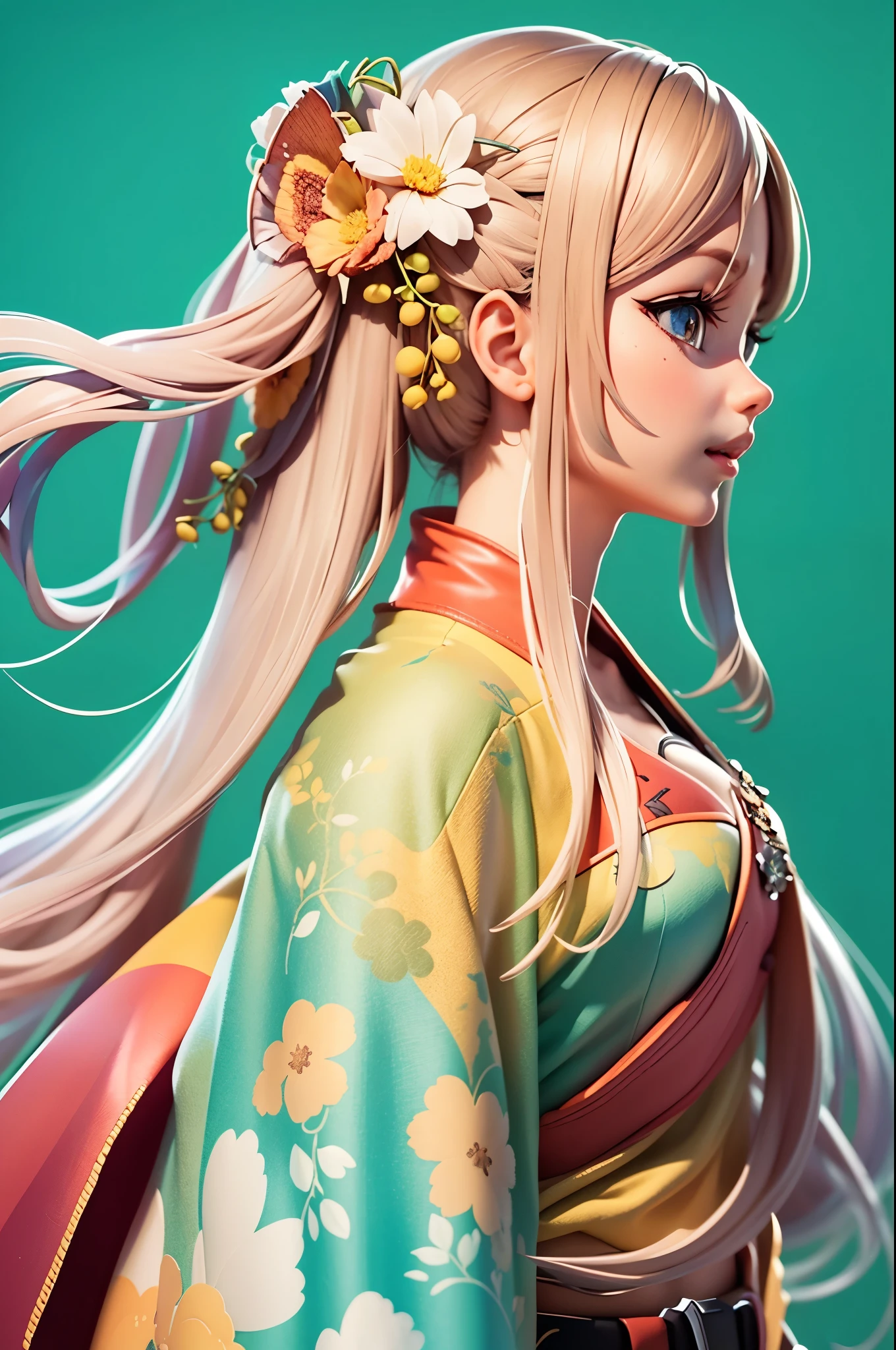 pixar-style，3d effect，Cute girl with a flower in her hair，exteriors, Skysky, detailedbackground, Rainbow-colored clothes, Best quality at best