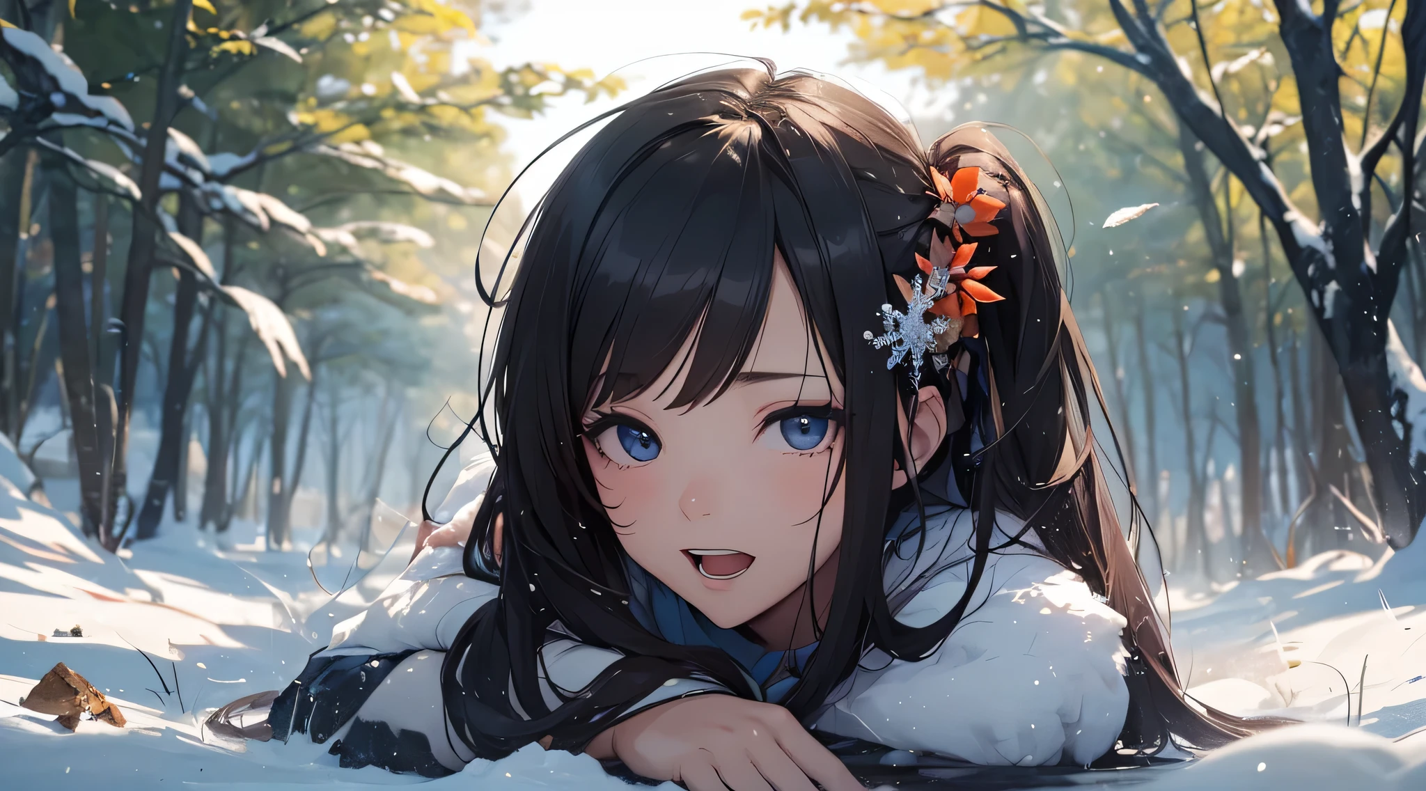top-quality、Top image quality、masterpiece、 girl((cute black costume、18year old、 Ager、Best Bust、big bast,Black eyes, Black hair、poneyTail、A slender,Large valleys、Laugh、lie down on her back、Stretch your hands forward)),hiquality、Beautiful Art、Background with((Snow World、snow blowing、Oyuki、snowflakes falling))masterpiece、depth of fields,Cinematic style