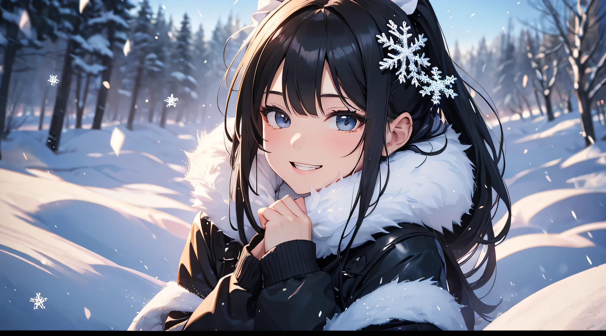 top-quality、Top image quality、masterpiece、 girl((cute black costume、18year old、 Ager、Best Bust、big bast,Black eyes, Black hair、poneyTail、A slender,Large valleys、Laugh、lie down on her back、Stretch your hands forward)),hiquality、Beautiful Art、Background with((Snow World、snow blowing、Oyuki、snowflakes falling))masterpiece、depth of fields,Cinematic style