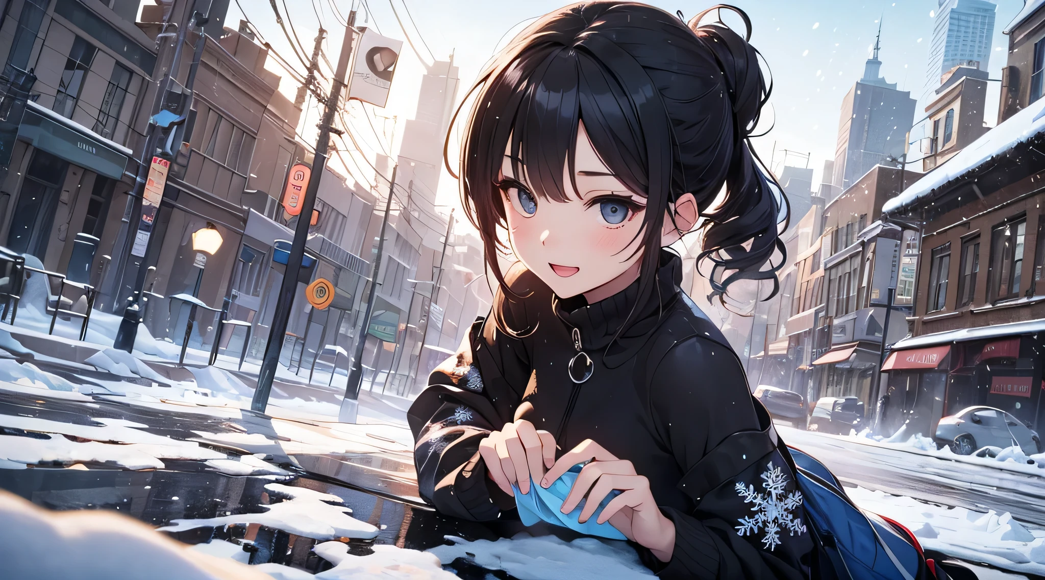 top-quality、Top image quality、​masterpiece、Teenage girl((cute black costume、18year old、 Ager、Best Bust、big bast,Black eyes, Black hair、poneyTail、A slender,Large valleys、Laugh、lie down on her back、Stretch your hands forward)),hiquality、Beautiful Art、Background with((Snow World、snow blowing、Oyuki、snowflakes falling))​masterpiece、depth of fields,Cinematic style