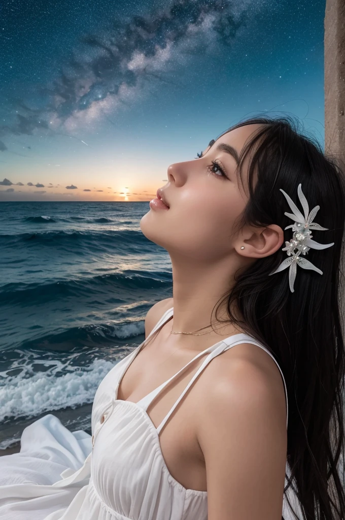 the ocean at night Behind the girl looking up at the starry sky crescent White dress A dark-haired Longhaire
