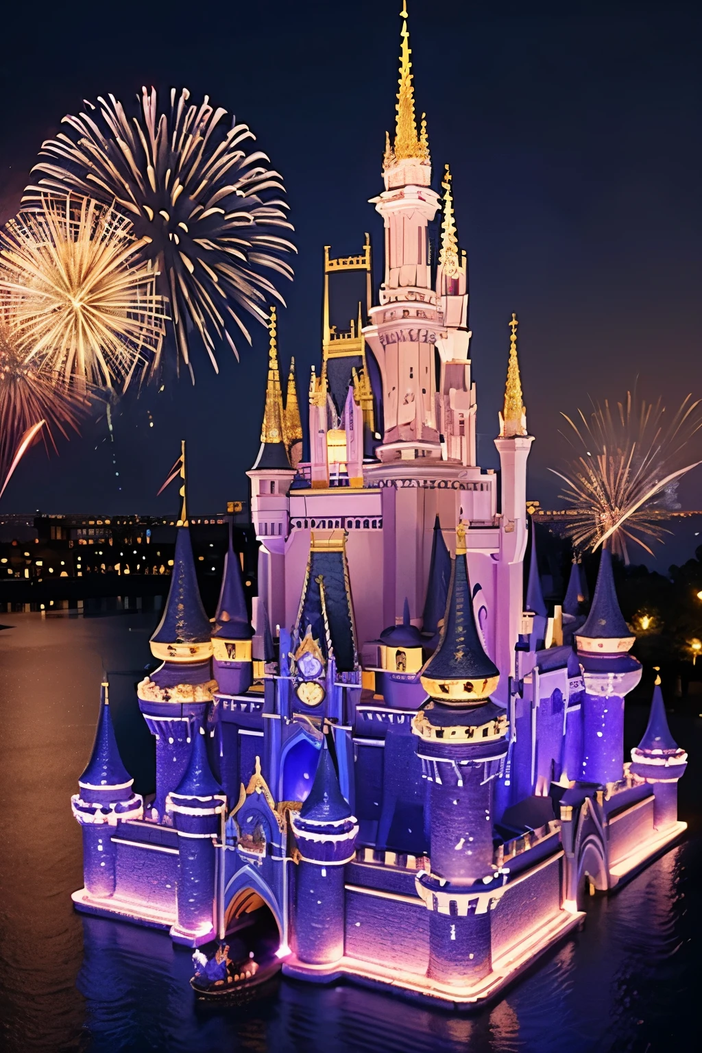 3D,two disney castles,中景 the scene is,See the castle across the river,The castle is tall,Chinese New Year,Lots of fireworkest quality,high end,pixar-style