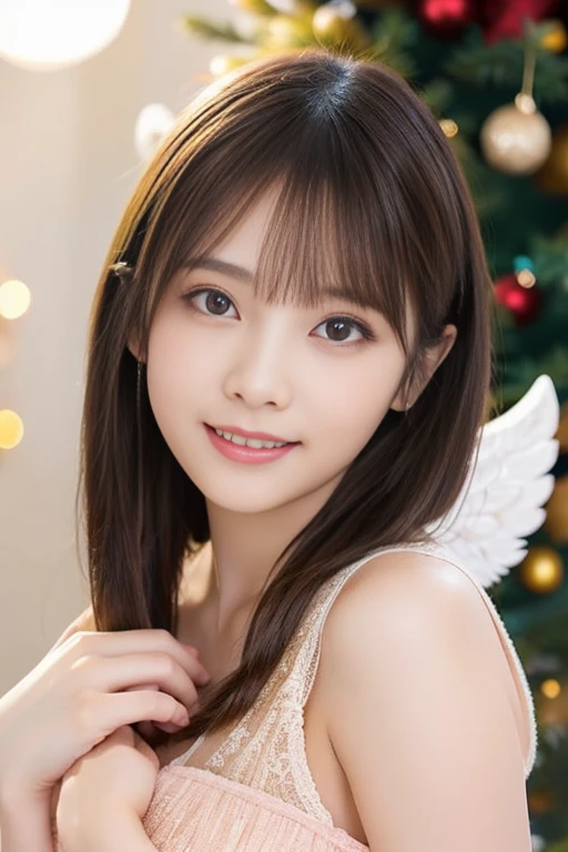 Angel, 19-year-old beautiful girl, 2 girls、holding each other、Beautiful detailed eyes, Beautiful detailed lips, long eyelashes, up style short hair、Golden hair, innocent and pure expression, Delicate features, Soft Pink Dress, surrounded by christmas trees, rays of light shining on her, Heavenly atmosphere, Oil painting style, High quality, Vibrant colors, dreamy lighting、A smile、Winter Night View、huge tit:1.4