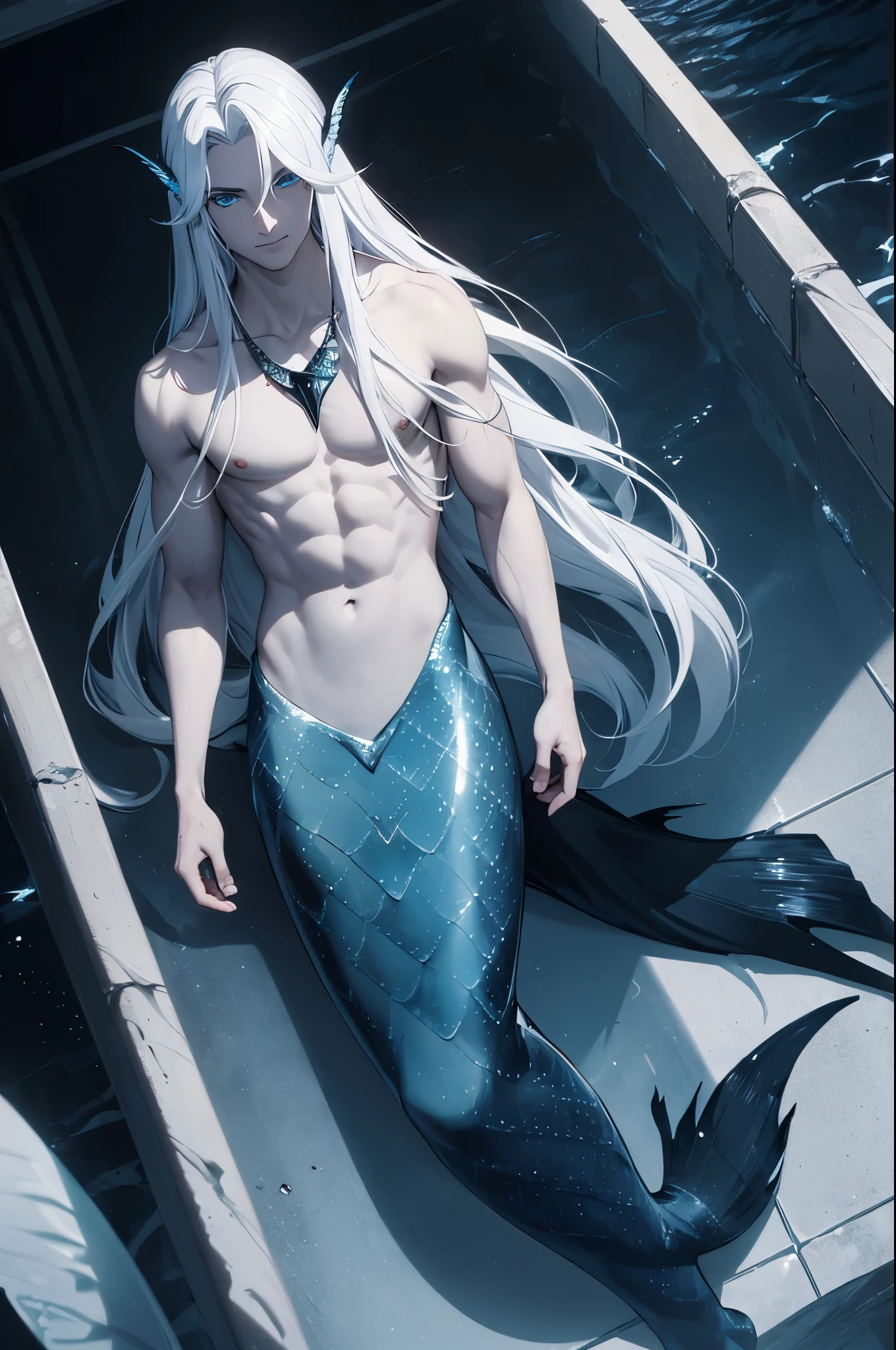 masterpiece, (((merman))) with (((black fish tail))), (upper half human), ((lower half black fishtail)), (no legs), attractive, elegant, beautiful, black fish scales on body, ((white long hair)), (dark blue eyes), perfect face, light evil smile. Deep sea. Dark omnious scene, Eery atmosphere. Dramatic lighting, high quality