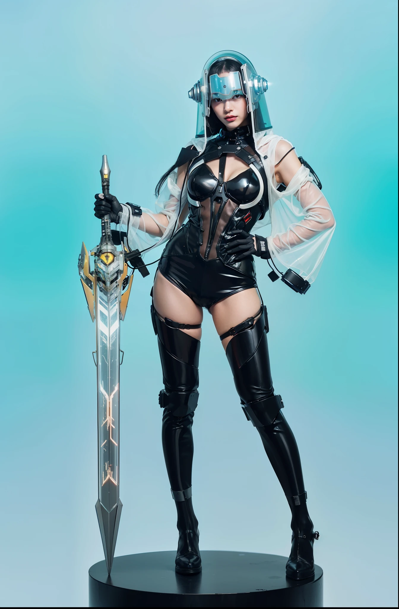 Fantasy cyberpunk world,1 Mechanical Miracle,Robots defend world order;Samurai mechanical armor,Equip transparent weapons,Streamlined black and red design,wearing in black cloak,A big part of a 1-person robot,Art of the highest quality,8K ultra-high resolution,动态照明,cinematic splendor,vivd colour,Wearing a cyberpunk space helmet,Luminous mechanical protective mask,Future high-tech tactical helmet,High-tech cosmic giant sword