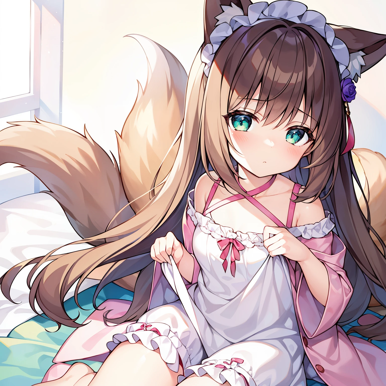 (tmasterpiece, Best quality, A high resolution), 1 girl, Alone, Oversized fox tail,Green-eyed,(Brown hair long),Small flower headdress, (9 years old_Cute loli),摩洛解放阵线,I lifted up the quilt and looked inside,I found that the girl had sneaked into my quilt and fell asleep,in pajamas,