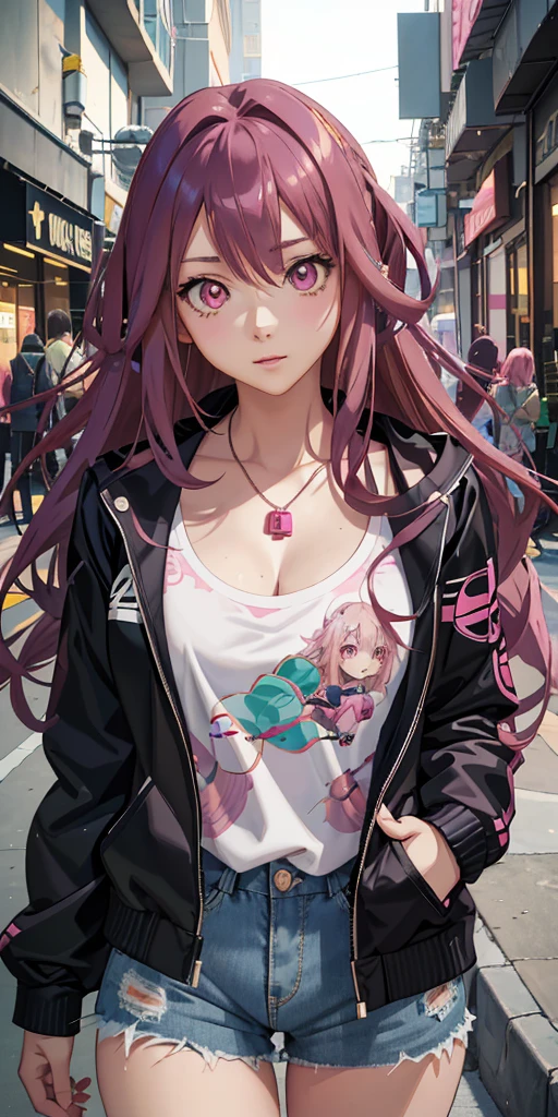 ((anime girl with long pink hair and pink eyes in a pink jacket)), attractive anime girl, beautiful anime girl, beautiful anime woman, photorealistic anime girl render, realistic anime artstyle, seductive anime girl, anime style. 8k, artgerm. anime illustration, detailed digital anime art, beautiful alluring anime woman, digital anime art, realistic anime 3 d style