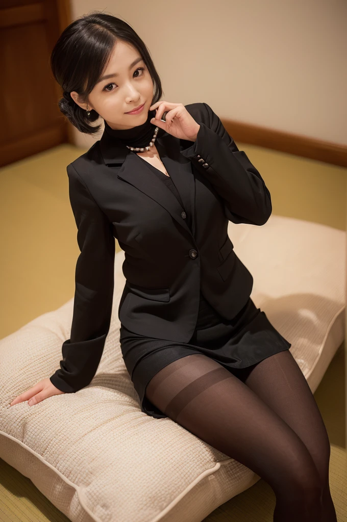 Pure young Japanese girl, wearing dark color classical suits and skirts, (panty), (stockings), vivid makeup, natural black hair styles, sitting in antique gothic style rooms, sweet smile, secret temptations, professional portrait photography,