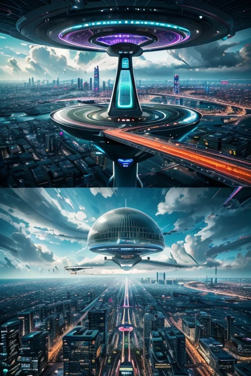 (Future city in the cloud, flying cars: 1.4), Technologically advanced architecture, Bustling streets, The future of transportation, skyscrapers piercing the clouds, floating platforms, neonlight, Holographic billboard, Bustling market, Unusual vehicle design, and streamline, elevated walkway, A seamless blend of nature and technology, advanced monitoring, Advanced energy, Drones soar in the sky, Bustling roof garden, Bustling aerial cable car , Transparent and sustainable architecture, Innovation infrastructure, Advanced artificial intelligence to manage city operations, Clean and pollution-free environment, Glass dome with green park, Advanced communication network, A vibrant and diverse community, State-of-the-art medical facilities, Innovative entertainment venues, Man and machine live in harmony, amazing floating structure, A vibrant and surreal color palette, Dynamic and immersive lighting effects, Reflection and refraction of light in buildings. (Best quality at best, 4K, A high resolution, ultra - detailed, actual: 1.37), HighDynamicRange, Futuristic cyberpunk style, Vibrant neon tones, Soft and diffuse lighting effects.