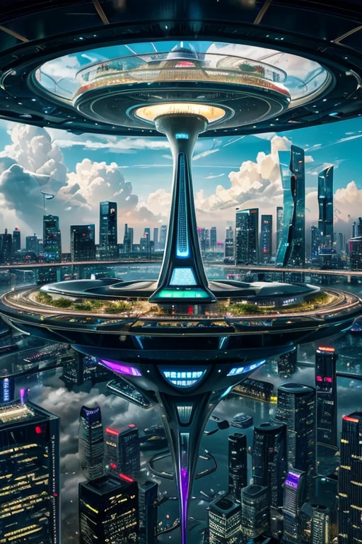 (Future city in the cloud, flying cars: 1.4), Technologically advanced architecture, Bustling streets, The future of transportation, skyscrapers piercing the clouds, floating platforms, neonlight, Holographic billboard, Bustling market, Unusual vehicle design, and streamline, elevated walkway, A seamless blend of nature and technology, advanced monitoring, Advanced energy, Drones soar in the sky, Bustling roof garden, Bustling aerial cable car , Transparent and sustainable architecture, Innovation infrastructure, Advanced artificial intelligence to manage city operations, Clean and pollution-free environment, Glass dome with green park, Advanced communication network, A vibrant and diverse community, State-of-the-art medical facilities, Innovative entertainment venues, Man and machine live in harmony, amazing floating structure, A vibrant and surreal color palette, Dynamic and immersive lighting effects, Reflection and refraction of light in buildings. (Best quality at best, 4K, A high resolution, ultra - detailed, actual: 1.37), HighDynamicRange, Futuristic cyberpunk style, Vibrant neon tones, Soft and diffuse lighting effects.