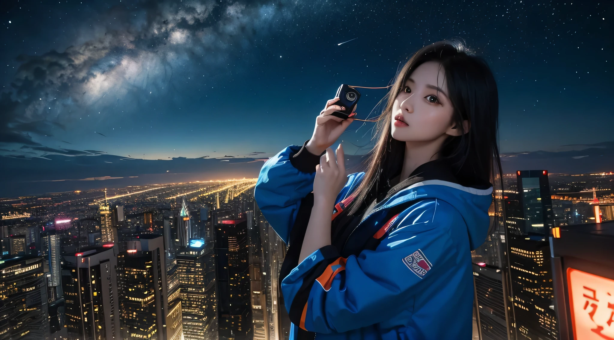 (tmasterpiece), Best quality, 超高分辨率,Little girl, Cyberpunk 1girl flies over stunning cityscapes ,hoody,Blue hair, neon colored流星, Very long hair, cropped shoulders, feathers hair ornament, neon colored, twinkle, stunning night sky, 电影灯光, realistically, realistically的皮肤, HighDynamicRange,fish eye