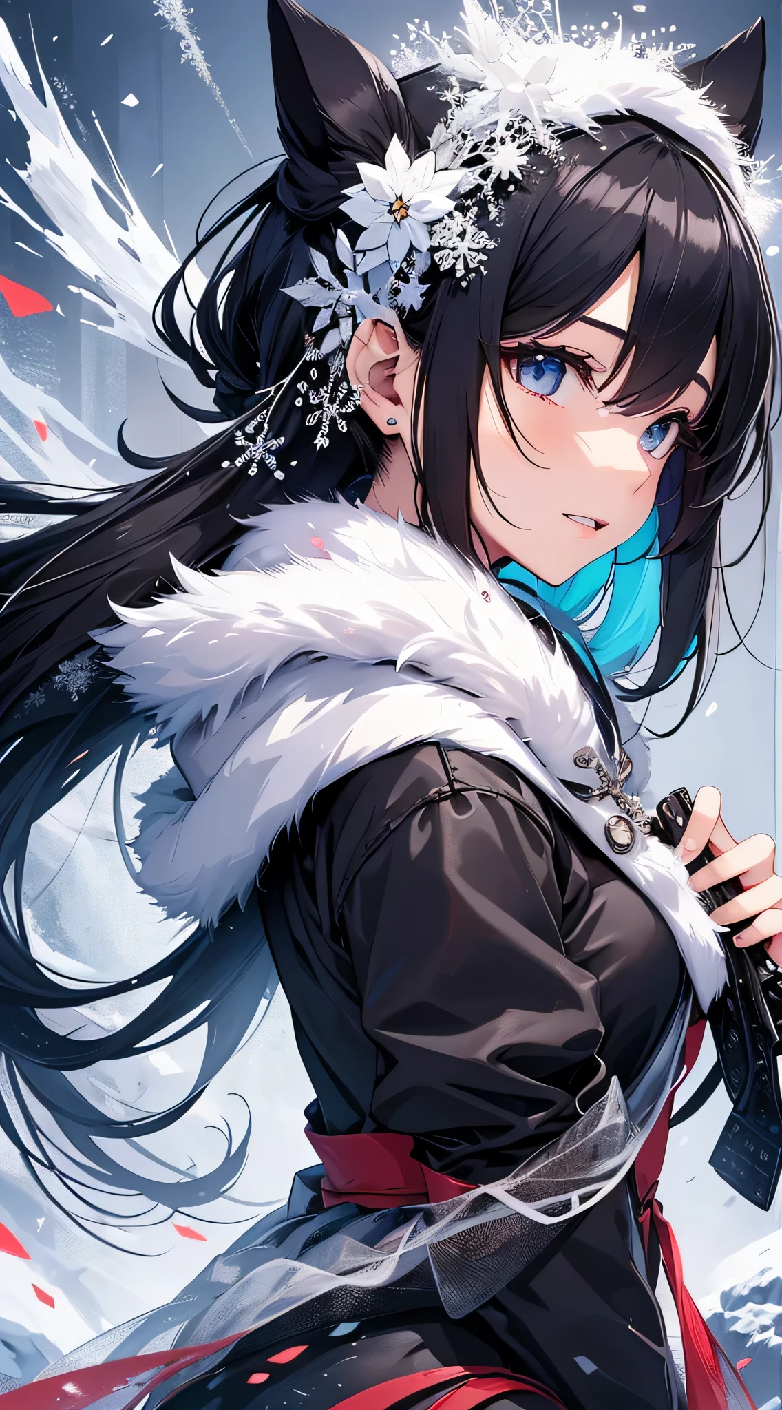 top-quality、Top image quality、masterpiece、Teenage girl((cute black costume、18year old、 Ager、Best Bust、big bast,Black eyes, Black hair、poneyTail、A slender,Large valleys、Laugh、lie down on her back、Stretch your hands forward、all covered in snow)),hiquality、Beautiful Art、Background with((Snow World、snow blowing、Oyuki、snowflakes falling))masterpiece、depth of fields,Cinematic style