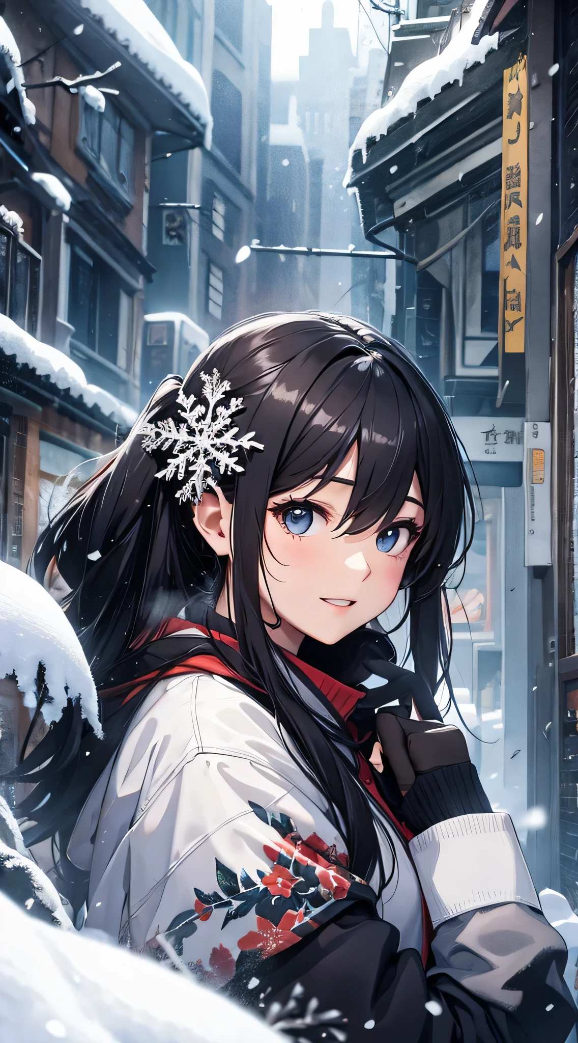top-quality、Top image quality、​masterpiece、Teenage girl((cute black costume、18year old、 Ager、Best Bust、big bast,Black eyes, Black hair、poneyTail、A slender,Large valleys、Laugh、lie down on her back、Stretch your hands forward、all covered in snow)),hiquality、Beautiful Art、Background with((Snow World、snow blowing、Oyuki、snowflakes falling))​masterpiece、depth of fields,Cinematic style