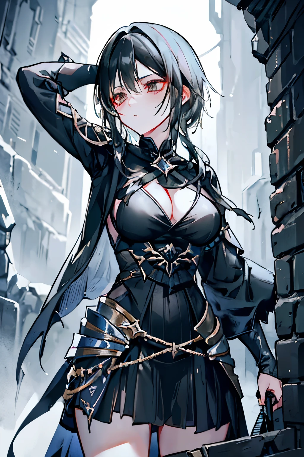 A black-haired girl wields the Heavy Thrusting Swords from within the Elden Ring in a reverse grip.