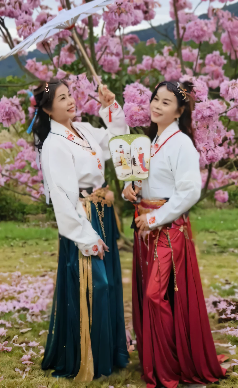 Two women in red and gold dresses,Phoenix crown,hair stick,