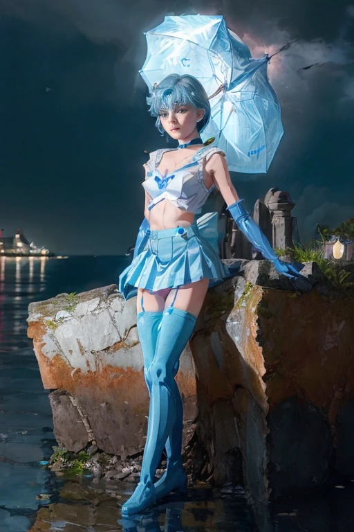 (panty:2), 1girl, smile, delicate facial features, breasts, gloves, lips, solo, sailor mercury, blue eyes, smuniform, mer1, tiara, sailor senshi uniform, (RAW photo, best quality), masterpiece, ridiculous, sexy, floating short blue hair, blue sailor collar, bow, (over-the-knee boots: 1.1), choker, white gloves, Blue choker, elbow gloves, jewelry, earrings, blue skirt, sole, full body, blue hair, (perfect hand drawn): 3.8, octane rendering, water god, (water drops), wet clothes, (beautiful detailed water), (floating), dynamic angle, with a huge moon in the background,sailor_mercury