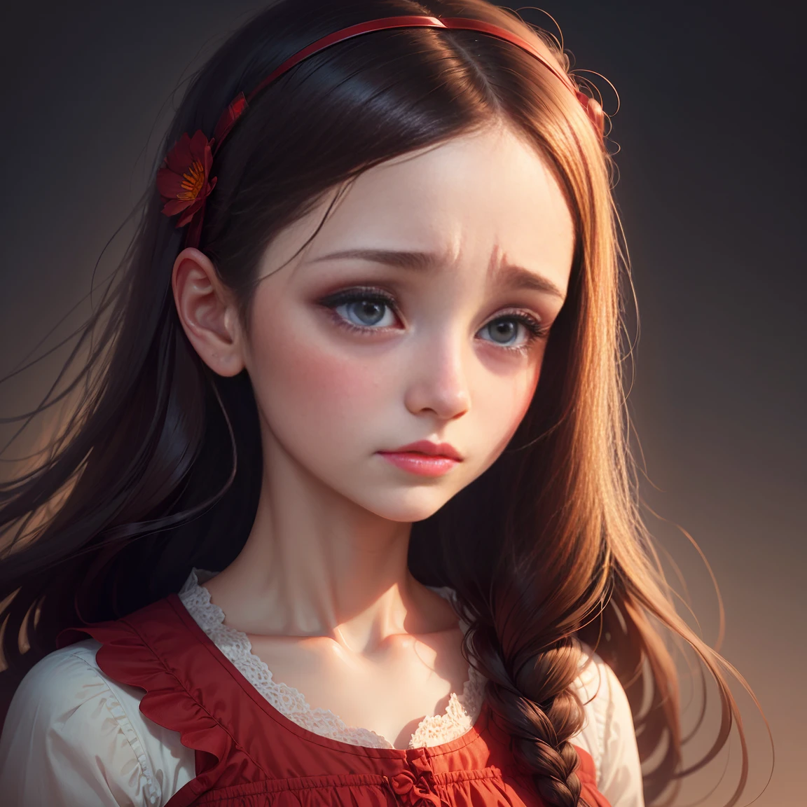modest dress girl, and tears, crying, realistic, innocent face, cutie patootie. perfect eyes, perfect lips, perfect nose, professional color graded, , dark background, cute woman, crying loudly, tears from eyes, red nose, Anna Dittmann, mouthopen, face at the roof