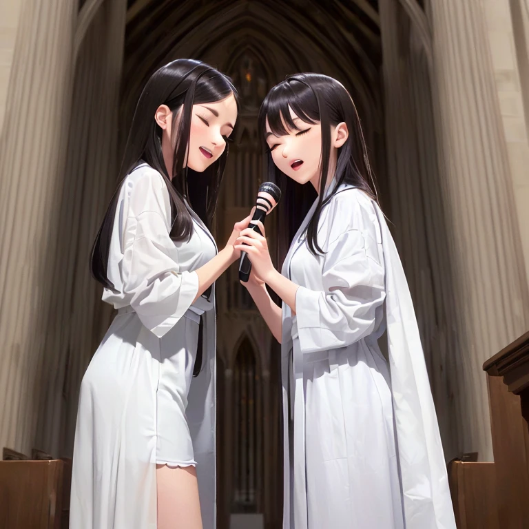 ((Best Quality)), ((Masterpiece)), (detailed), Two women in their 20s standing side by side, wearing a white robe, Both hands are holding the microphone, Close your eyes and sing, pure and beautiful face, old cathedral entrance facade, Long hair, Brunette, Only the upper half of the body is visible, the background is wide, photo taken from the front