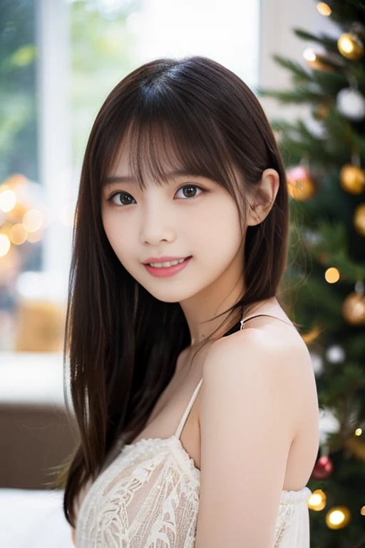 Angel, 24-year-old beauty、2 women、holding each other、Beautiful detailed eyes, Beautiful detailed lips, long eyelashes, up style short hair、Golden hair, innocent and pure expression, Delicate features, Soft Pink Dress, surrounded by christmas trees, rays of light shining on her, Heavenly atmosphere, Oil painting style, High quality, Vibrant colors, dreamy lighting、A smile、Winter Night View、huge tit:1.8