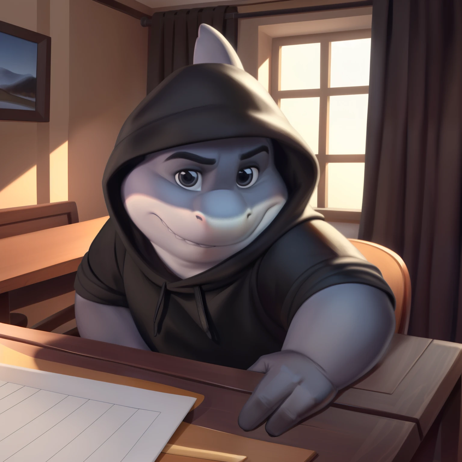 mr shark, plump, fat, belly, black eyes, (pose:1.osing:1.3), (soft shading), 4k, hi res, five fingers, detailed hands, ((detailed face, (detailed eyes:1.0), detailed)), (full body), by zackarry911, by zaush, (by personalami:0.5), looking at viewer, shirt, 1boy, black hooded sweater, hood down showing face, black pants, dark blue shoes, male focus, pants, black shirt, gray sport pants, giant head, huge head, big head. leaning over a table, strongly hitting the surface of the table with his hand, hand resting fully on the table