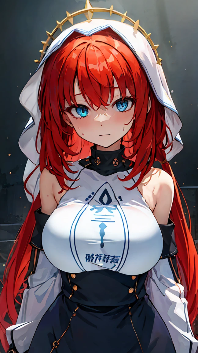 tmasterpiece,Best quality,Fine and detailed,A high resolution,Extremely Delicately Beautiful,(red tinted hair),Close-up shot,(eBlue eyes),(sweaty),The face is red,Chopping,Off-the-shoulder attire,fully body photo,perfect body figure,humongous large breast