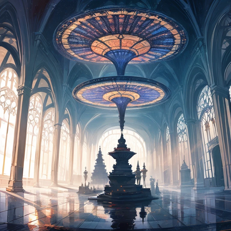 Sci-fi , round vast room of light indigo and glass , Natural elements , magic floating through the air , colorful elements , high details , realistic