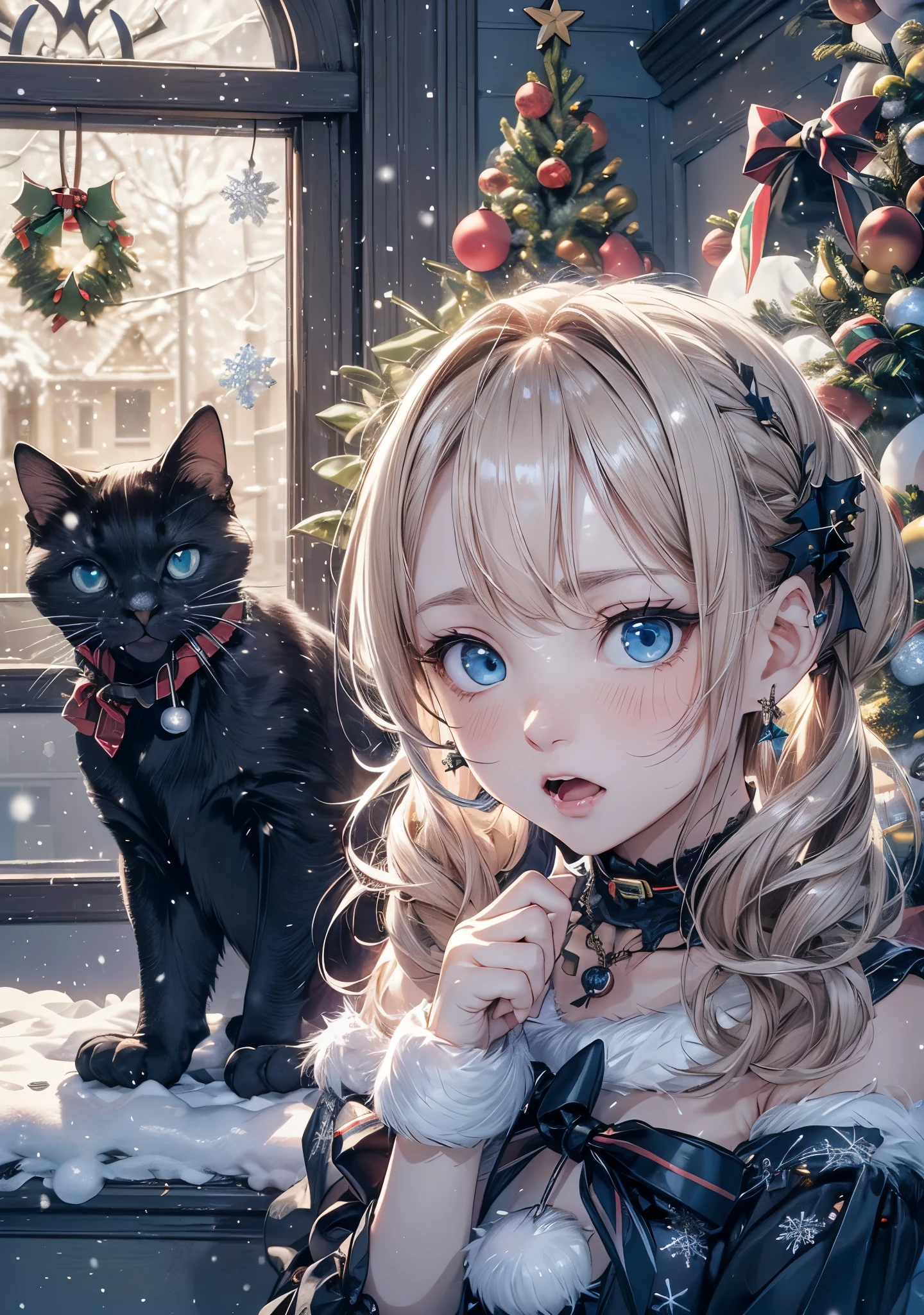absurderes, ultra-detailliert,bright colour, Short hair,Blonde hair with fluffy short twintails:1.2)Shiny hair,(gothic christmas:1.5),(Open mouth and laugh 1. 3),(Embarrassed and troubled face:1.3),(Christmas tree:1.3),(Christmas Decorations:1.3),(I installed an LED light on the wall),(many black cats:1.3),Delicate beautiful face, red blush、(Deep Blue Eyes:1.5), White skin, hair clips, earrings, a necklace,Heavy snow outside the window,You can also see the starry sky and the aurora borealis...,