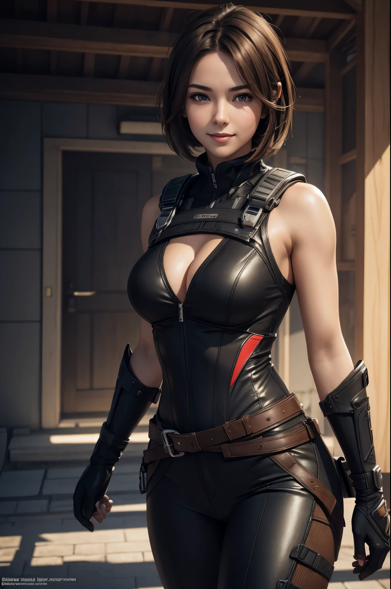 8K,Light brown hair shortcut hair,Super beautyな日本の女性, large full breasts,Big smile,Super beauty(Like the real thing)wear black combat uniform,black combat pants,　A sexy,deviantart artstation cgscosiety, 3Dレンダリングcharacter art8 K, alena aenami and artgerm, wojtek fus, trending on Artstation 8k, trending on artstation hd, adventure hyper realistic render, realistic shaded perfect body, Photorealistic perfect body, The ultra -The high-definition,超A high resolution,A hyper-realistic,Holds a large and long Japanese sword,Fantasyart,character art,High Quality,A sexy,