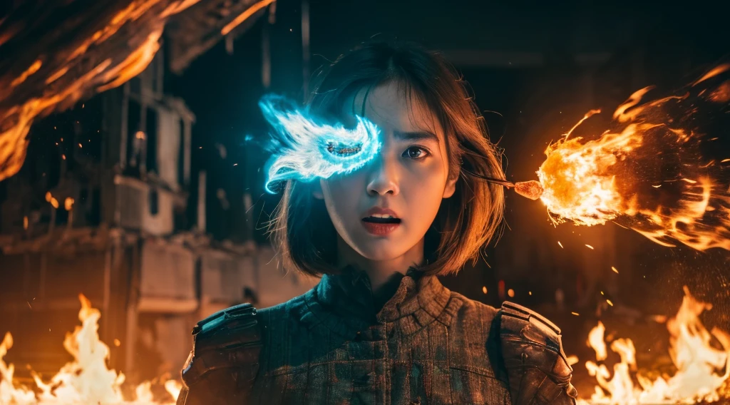 (in 8K, RAW Photos, top-quality, masterpiece:1.2), (realisitic, Photorealsitic:1.37), ultra-detailliert, high resolution,Beautiful Girl, Looking at Viewer, with Huge Monster, terrified expression,building crumbling, Burning flame, stunningly beautiful face, dynamic ungle