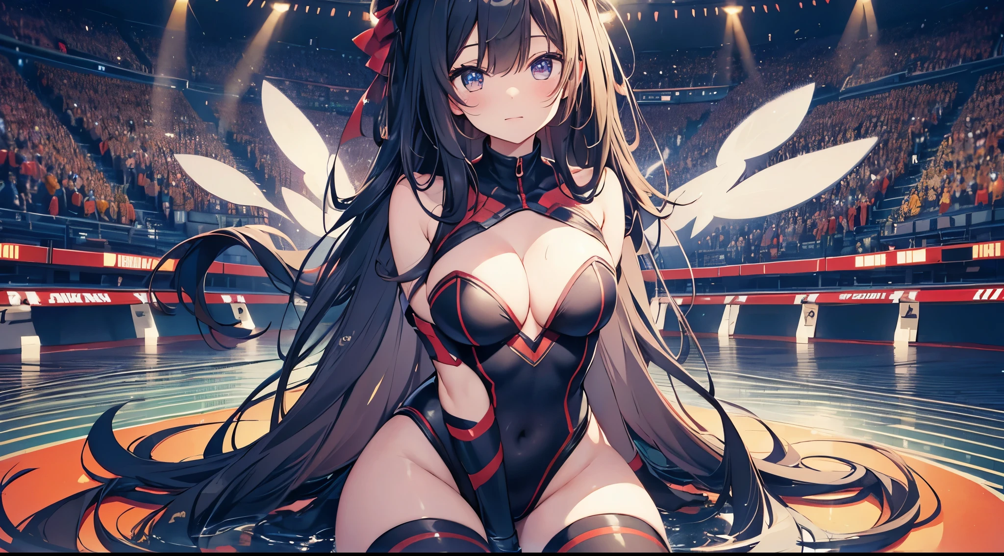 ((4k、8k、top-quality、perfect fingers: 1.3、perfect anatomia: 1.3、Background blur))、a beautiful slender girl、(transform sequence)、((stright long hair、 girl))、very beautiful big droopy eyes、((cheerleader leotard))、（highleg）、A smile、 Facing the front、Cheering seats、Standing on one knee、