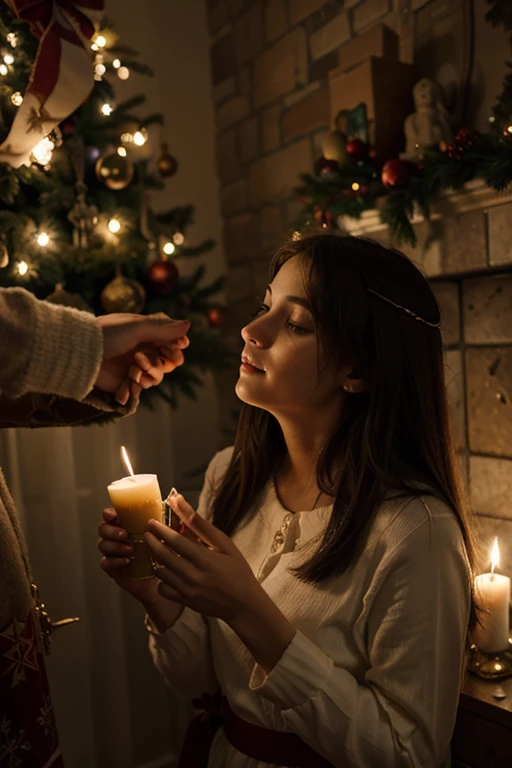 Describe the magical atmosphere of Christmas Eve, destacando os sons, cheiros e sentimentos que permeiam o ar.