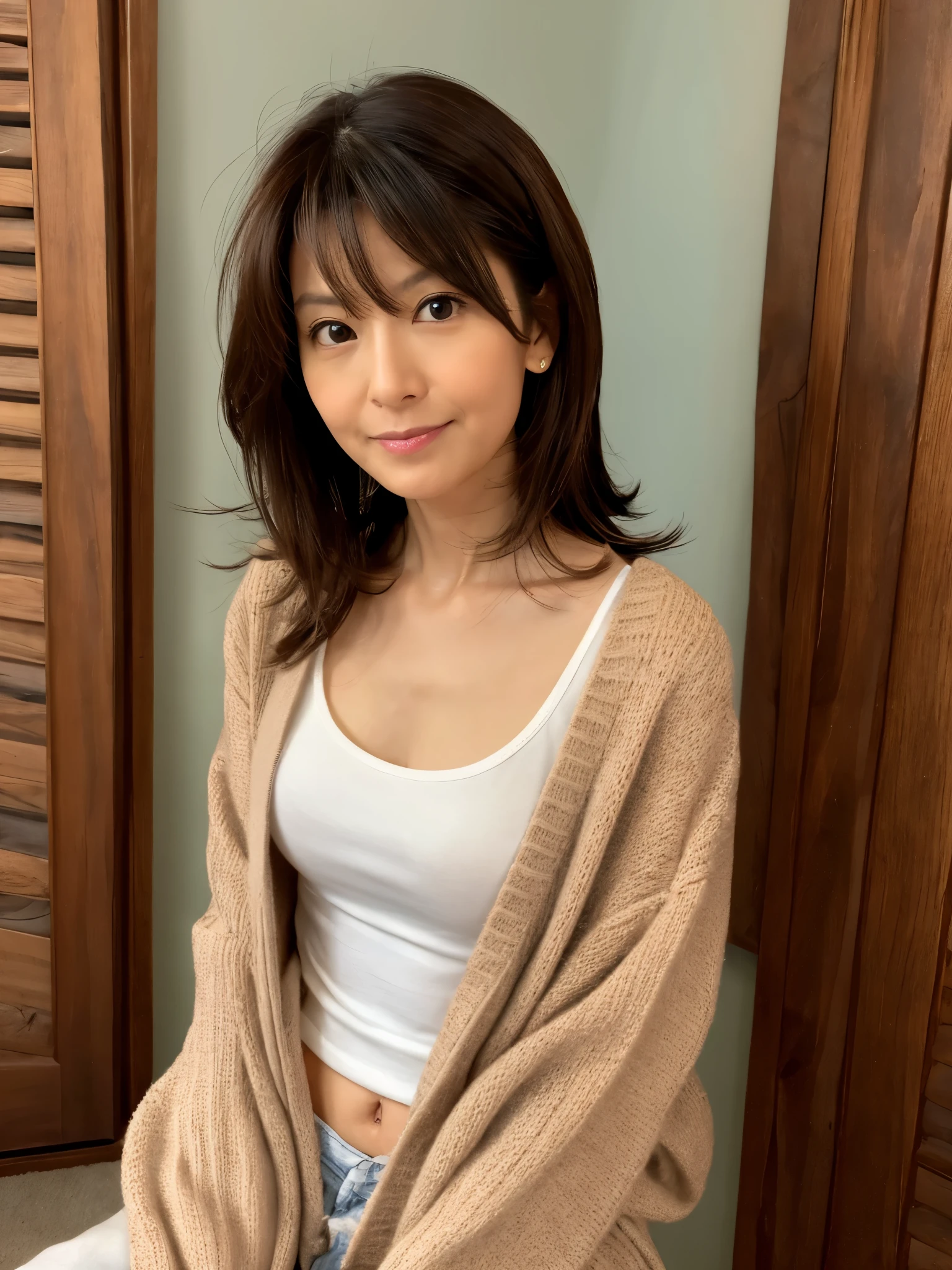 (High reality photograph, high resolusion, detailed face, detailed eyes) Skinny Japanese lady, 40 years old, cute face, various face expression, various hair style, skinny figure, small breasts, very thin waist, in a japanese room, casual clothes