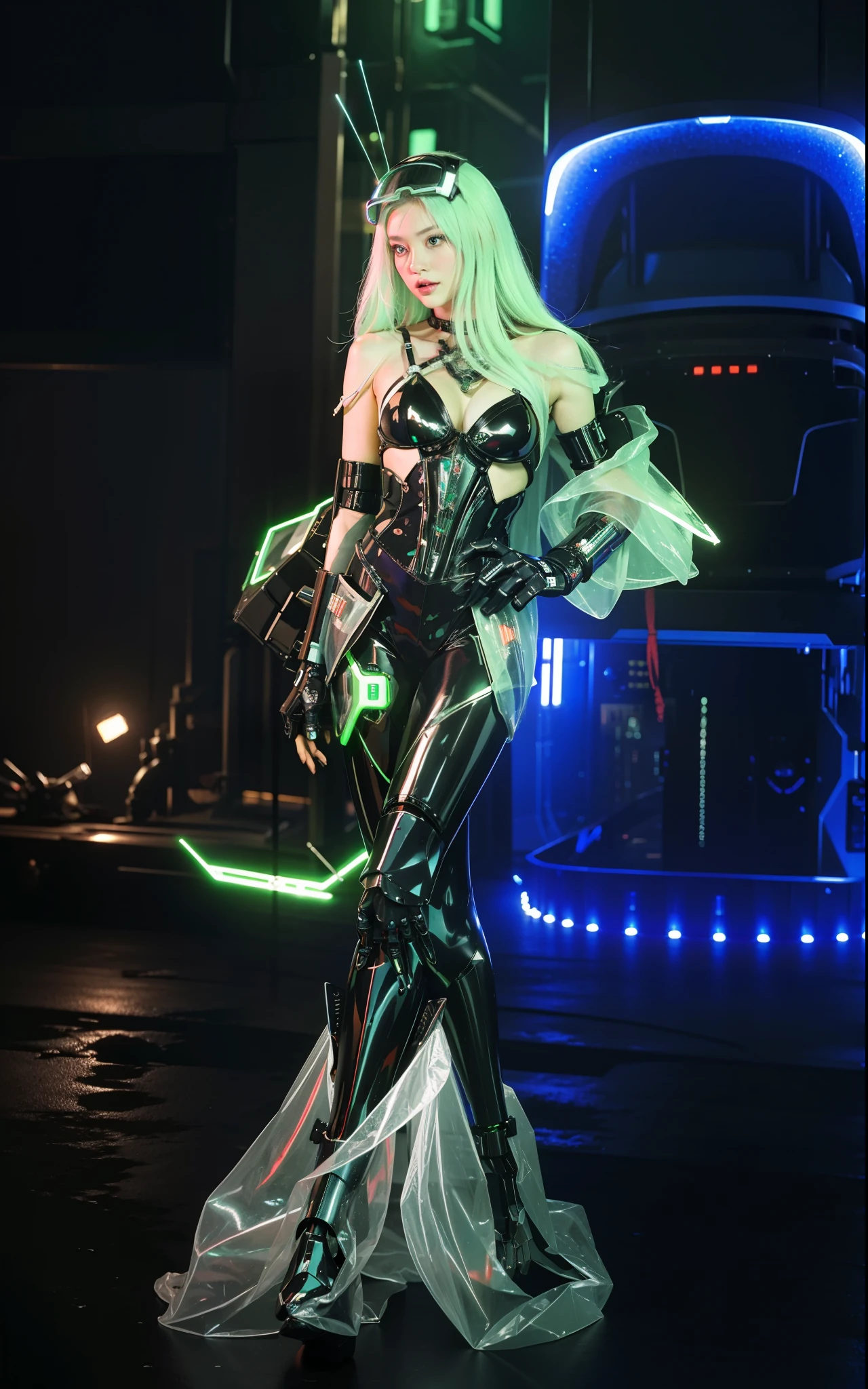 Fantasy cyberpunk world，1 Mechanical Miracle，Robots defend world order；Samurai mechanical armor，Equip transparent weapons，Streamlined black and red design，wearing in black cloak，A big part of a 1-person robot，Art of the highest quality，8K ultra-high resolution，动态照明，cinematic splendor，vibrant with colors，Wearing a cyberpunk space helmet，Luminous mechanical protective mask，Future high-tech tactical helmet，High-tech space armor